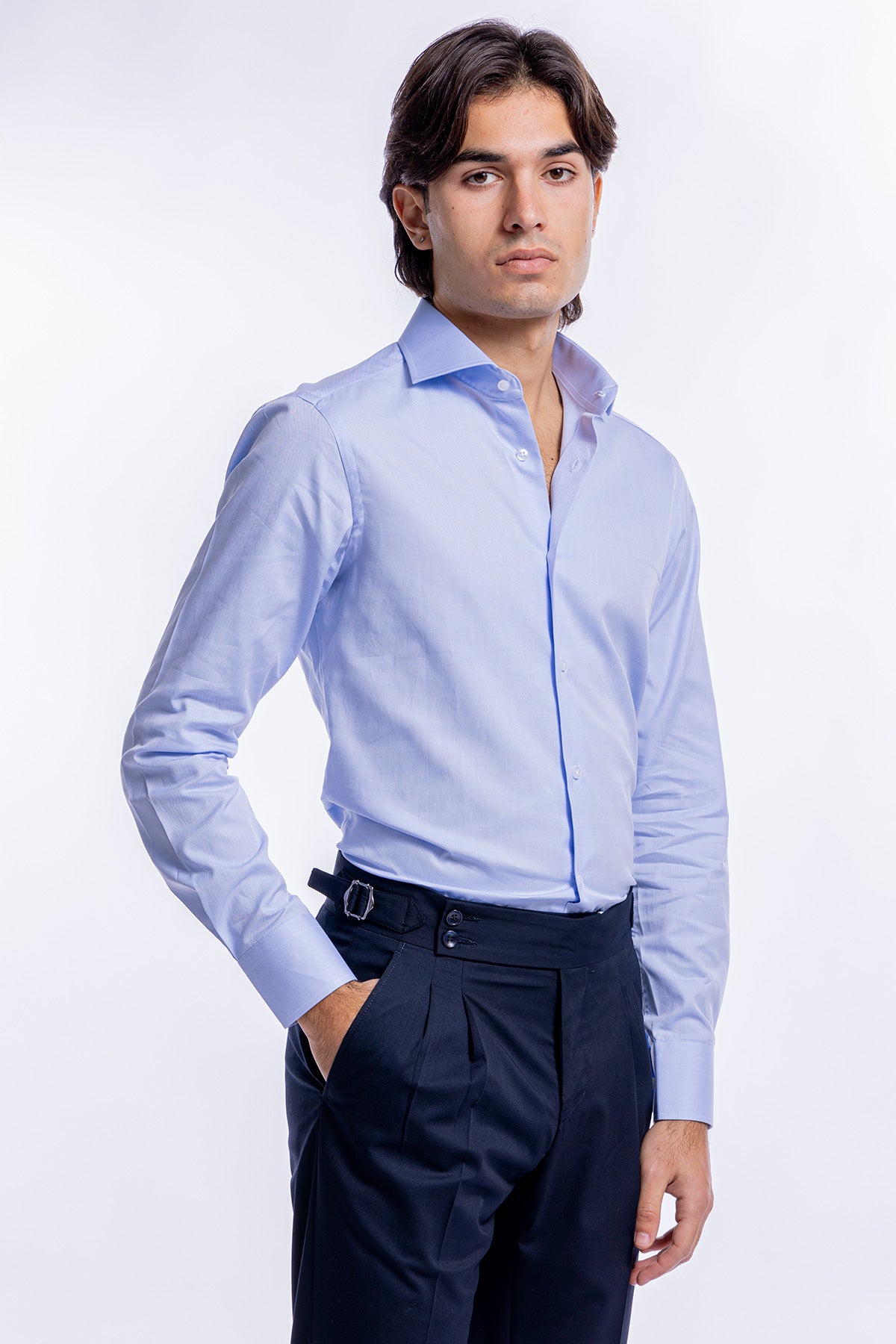 Camicia Uomo celeste nido d'ape slim Fit 100% cotone collo semi francese mileta Tessuti