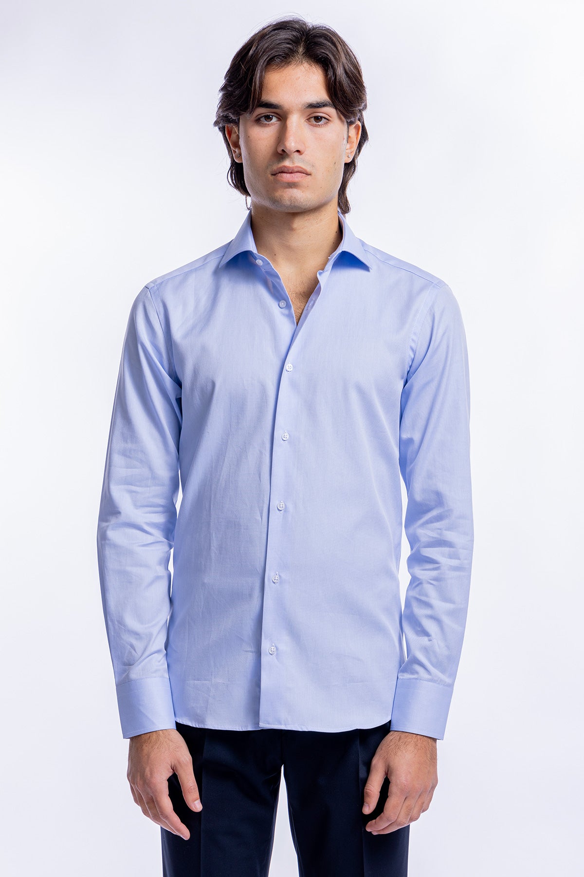Camicia Uomo celeste nido d'ape slim Fit 100% cotone collo semi francese mileta Tessuti