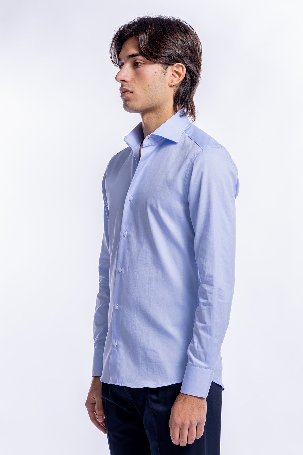 Camicia Uomo celeste nido d'ape slim Fit 100% cotone collo semi francese mileta Tessuti