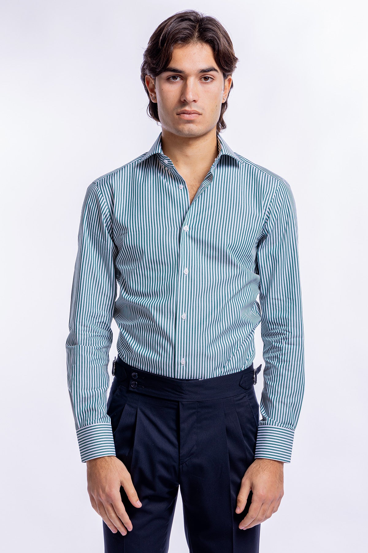 Camicia Uomo verde a righe slim Fit 100% cotone collo semi francese mileta Tessuti