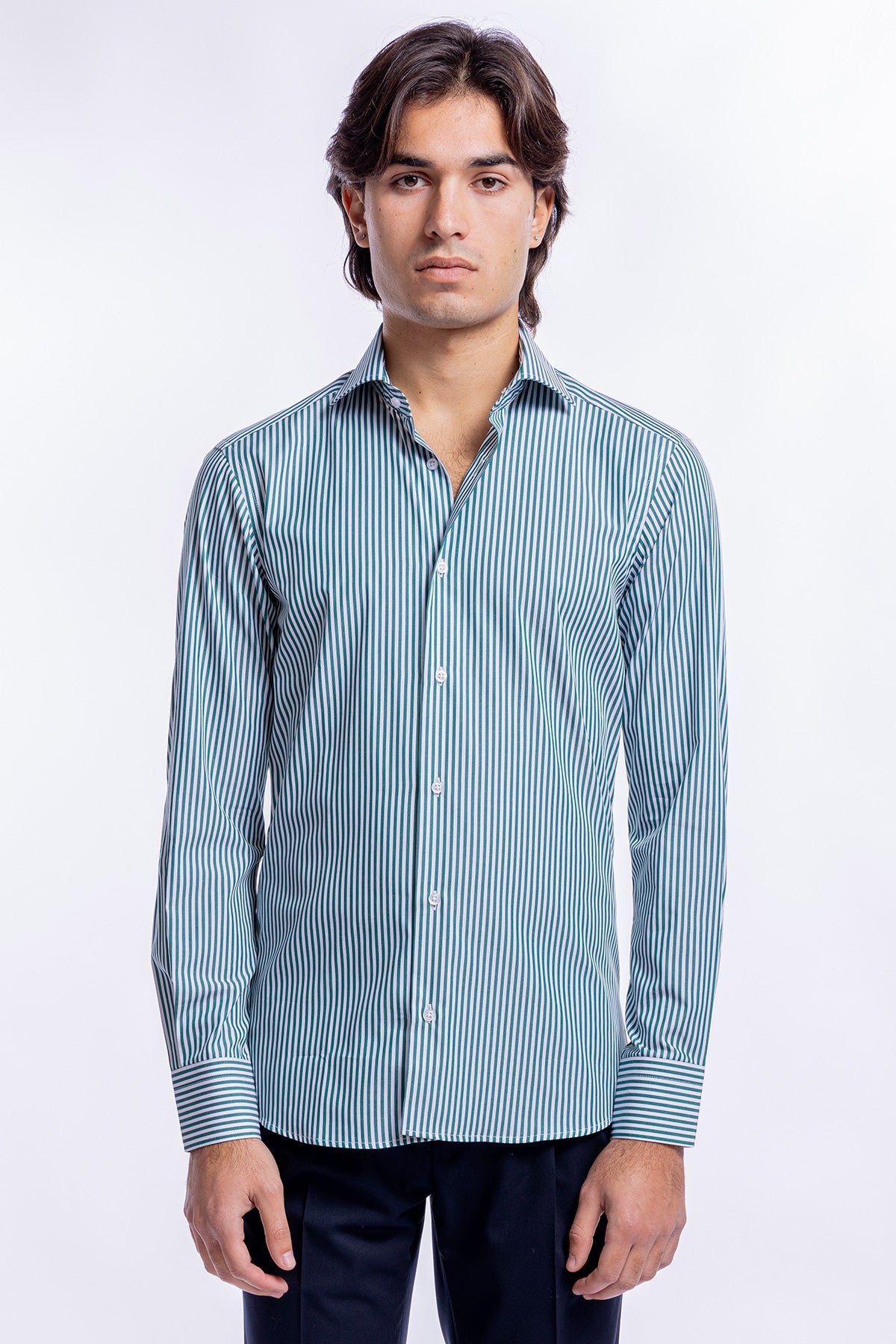 Camicia Uomo verde a righe slim Fit 100% cotone collo semi francese mileta Tessuti