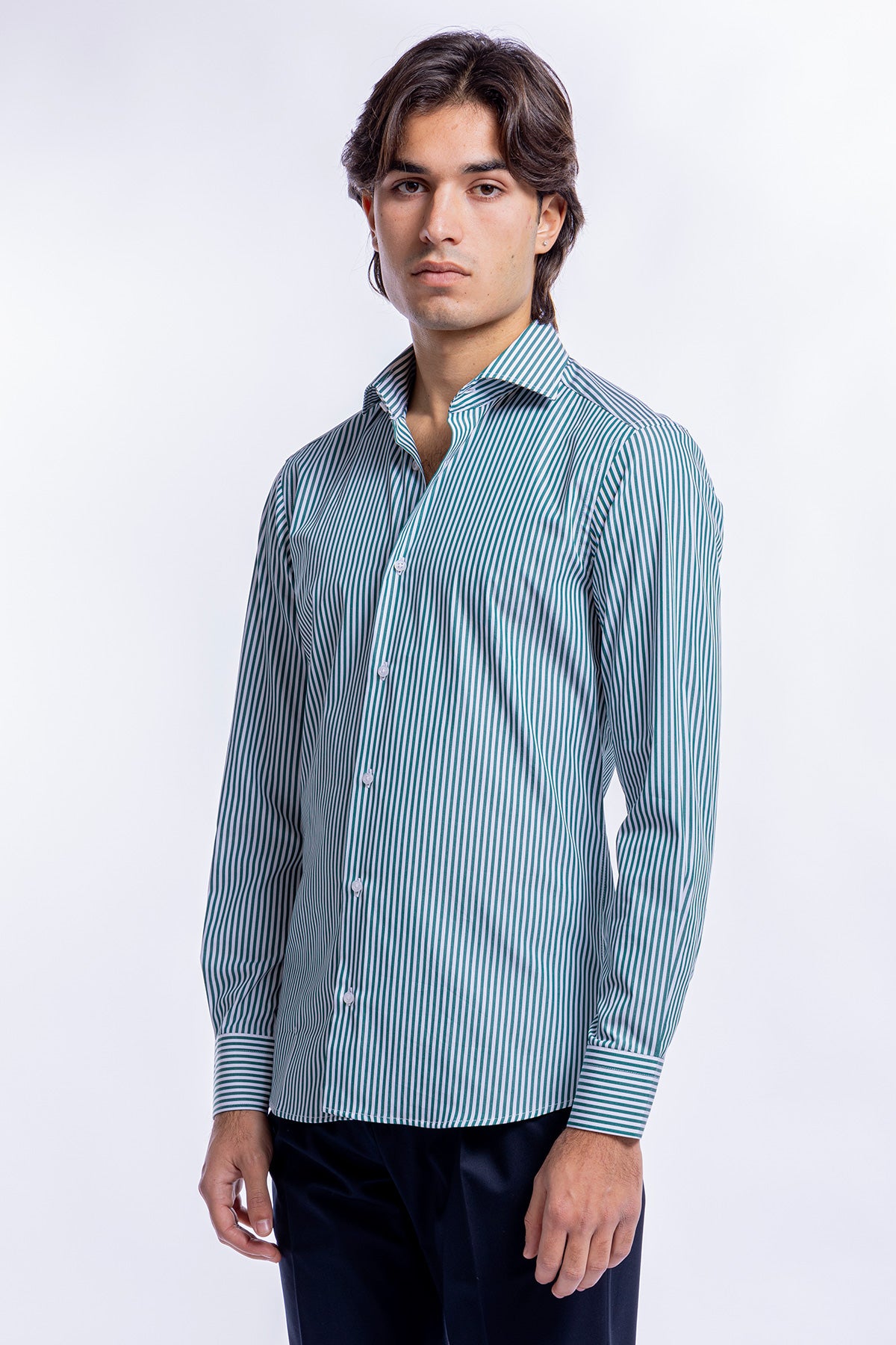 Camicia Uomo verde a righe slim Fit 100% cotone collo semi francese mileta Tessuti