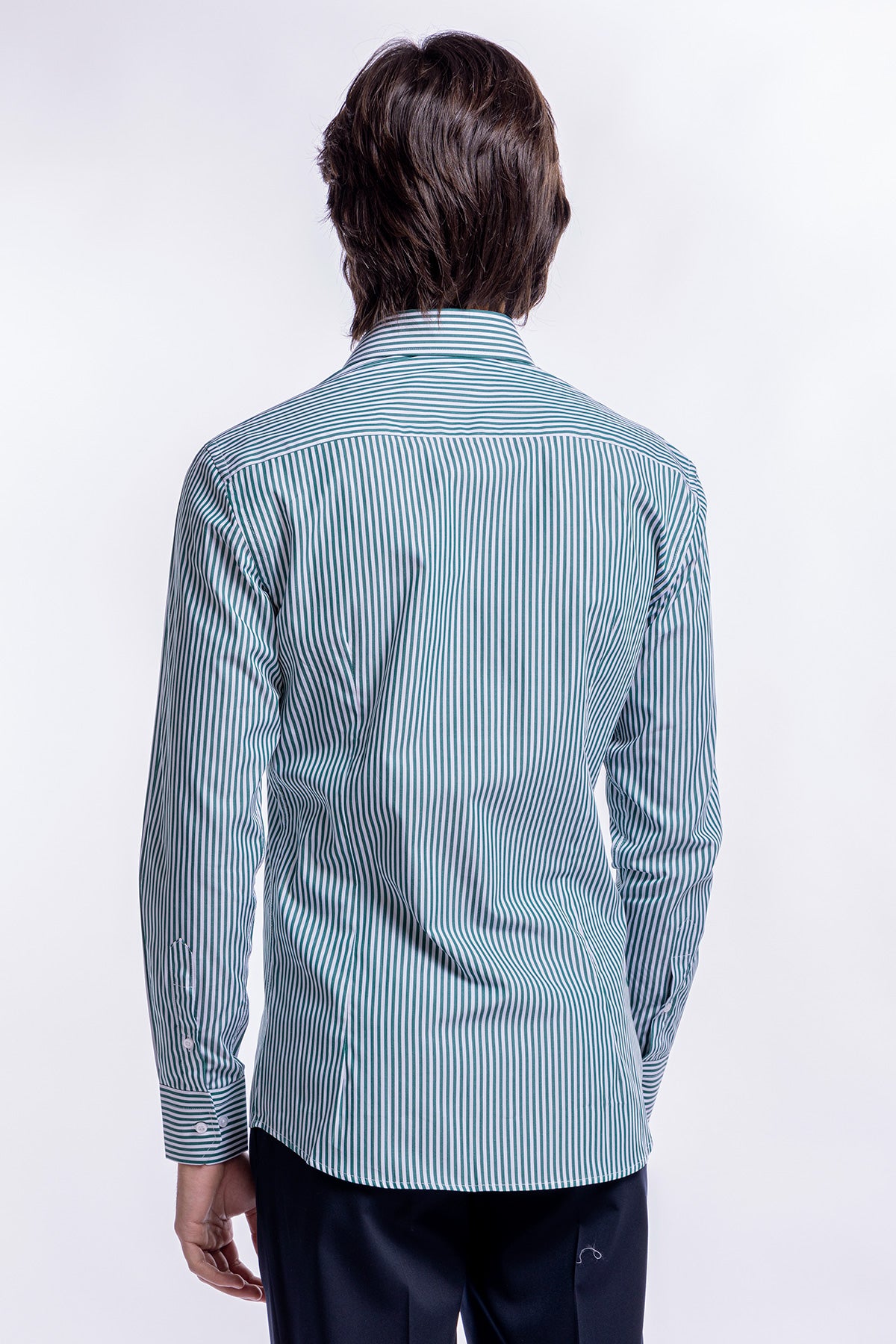 Camicia Uomo verde a righe slim Fit 100% cotone collo semi francese mileta Tessuti