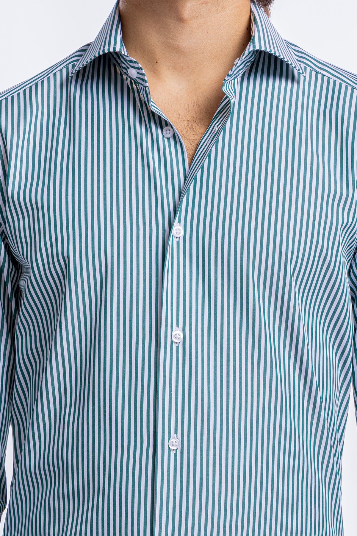 Camicia Uomo verde a righe slim Fit 100% cotone collo semi francese mileta Tessuti