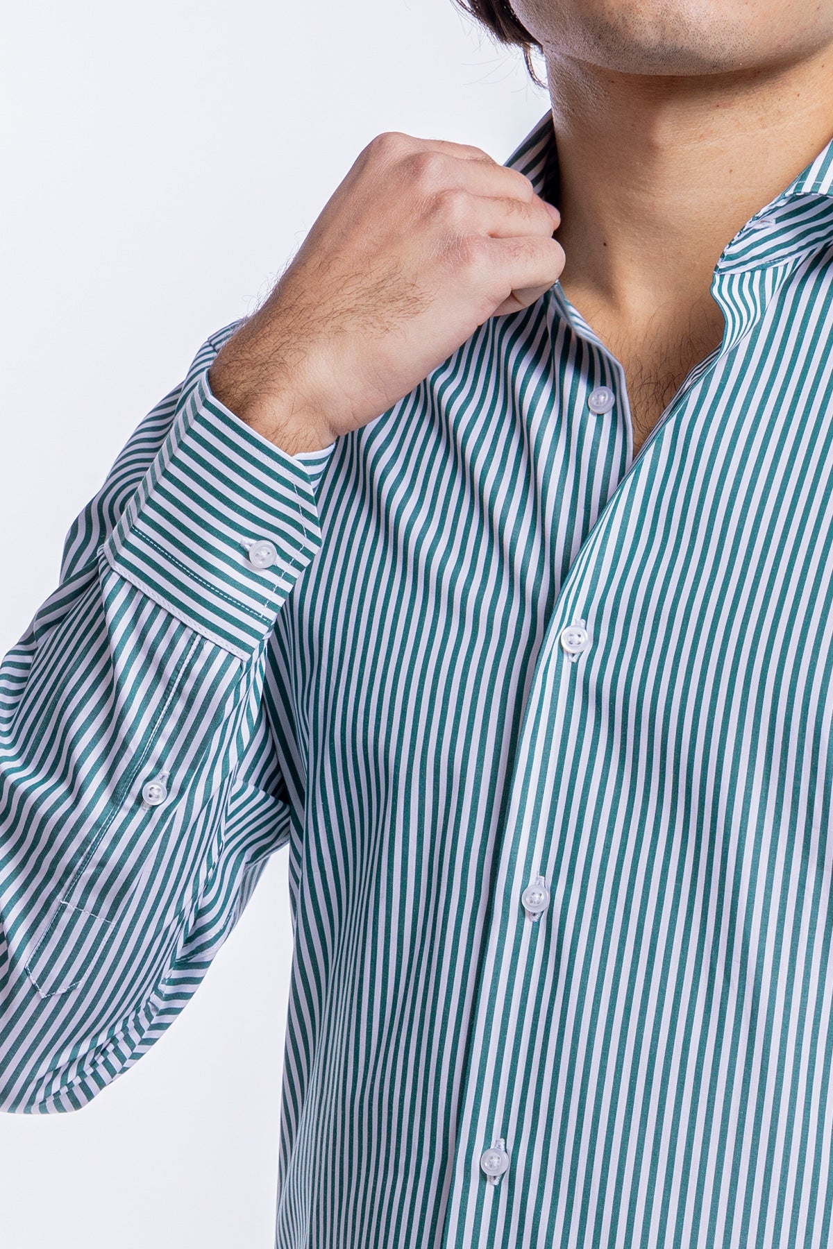 Camicia Uomo verde a righe slim Fit 100% cotone collo semi francese mileta Tessuti