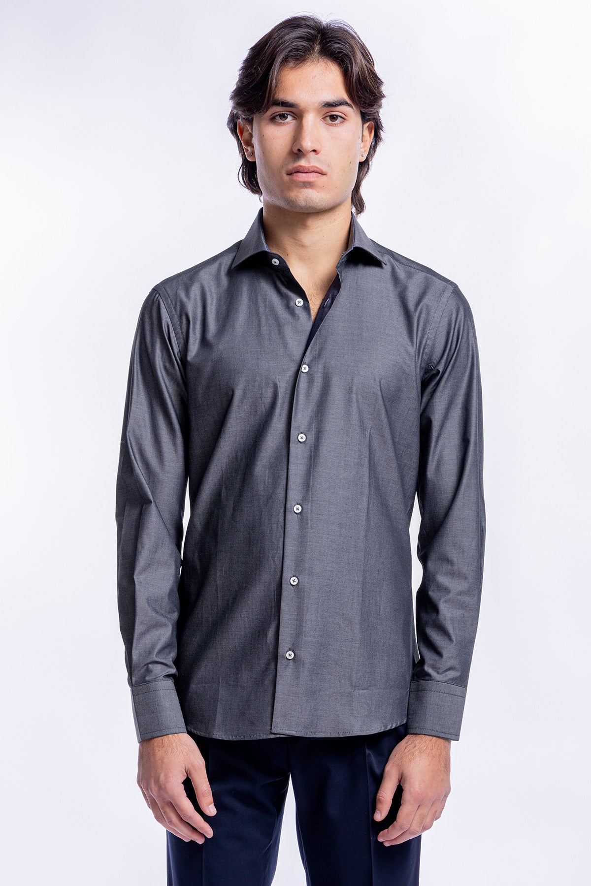 Camicia Uomo denim grigio scuro slim fit in cotone 100% Collo semi francese