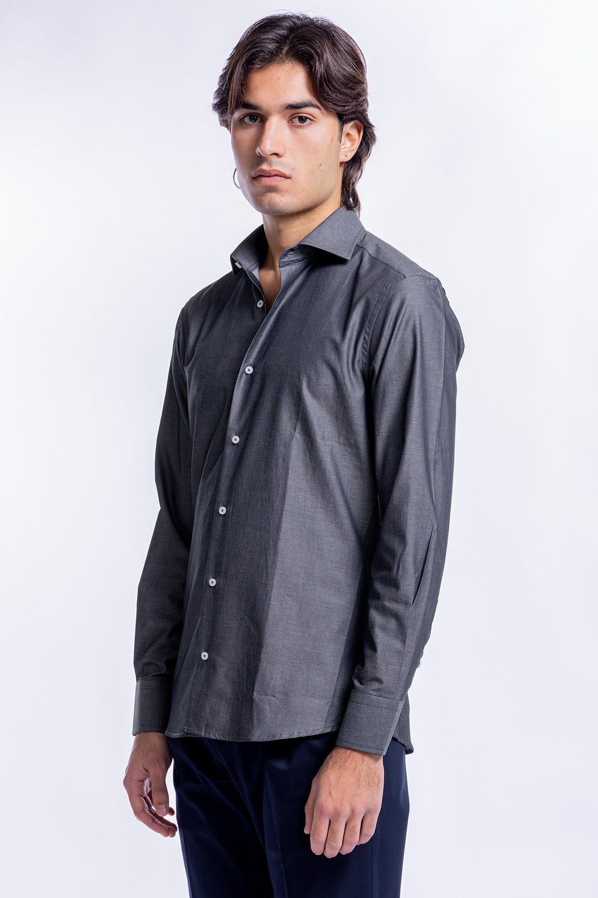 Camicia Uomo denim grigio scuro slim fit in cotone 100% Collo semi francese