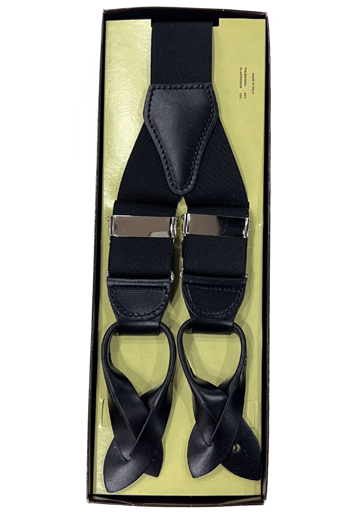 Bretelle da uomo nere tinta unita Elasticizzate 3,5 cm regolabili con chiusura chifferi in cuoio per bottoni