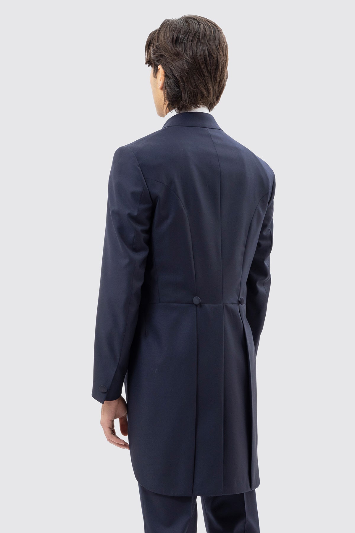 Giacca modello frac blu notte uomo in fresco lana super 130's Vitale Barberis Canonico con rever a Lancia largo in raso