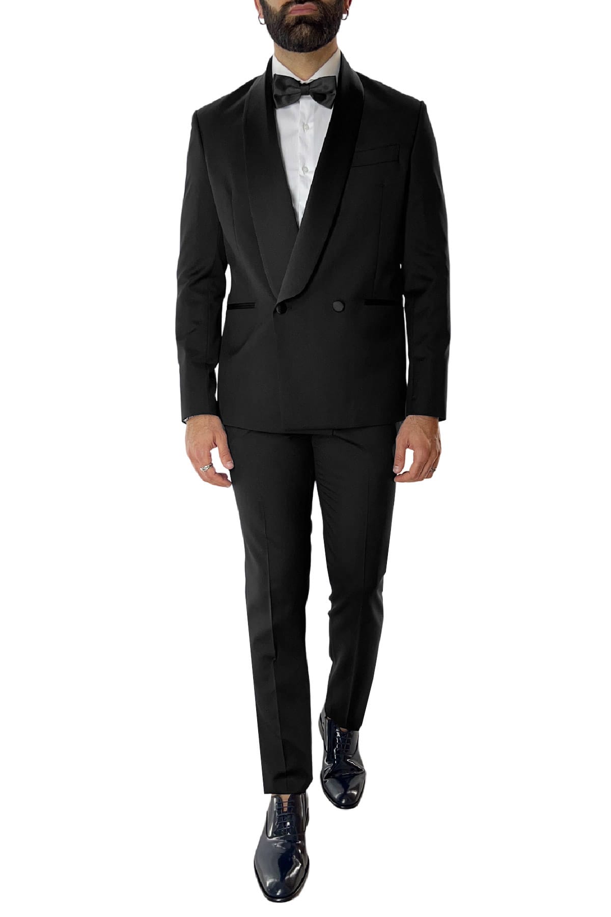 Abito smoking da uomo Doppiopetto nera rever a scialle nero in fresco lana 100% Vitale Barberis Canonico