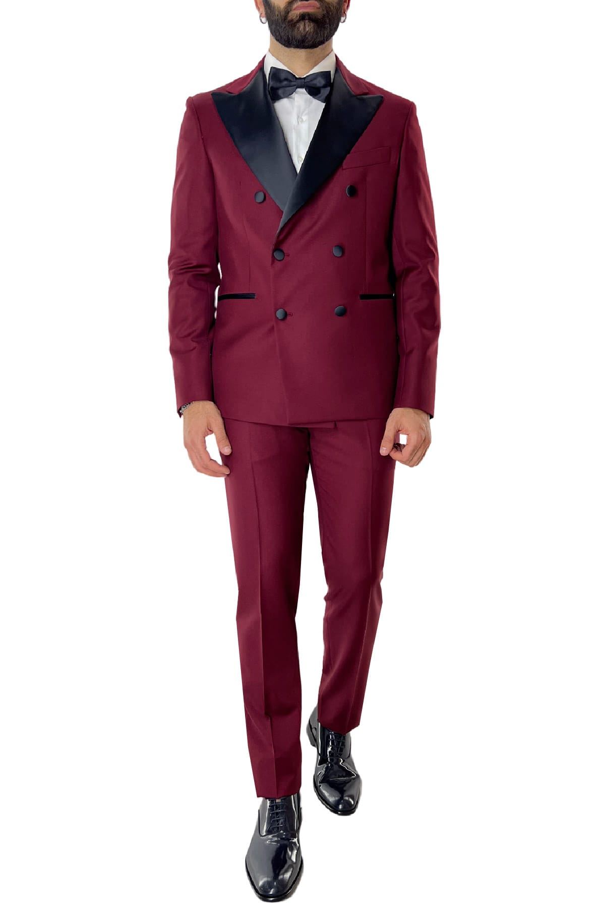 Abito smoking da uomo Doppiopetto bordeaux rever a Lancia nero in fresco lana 100% Vitale Barberis Canonico