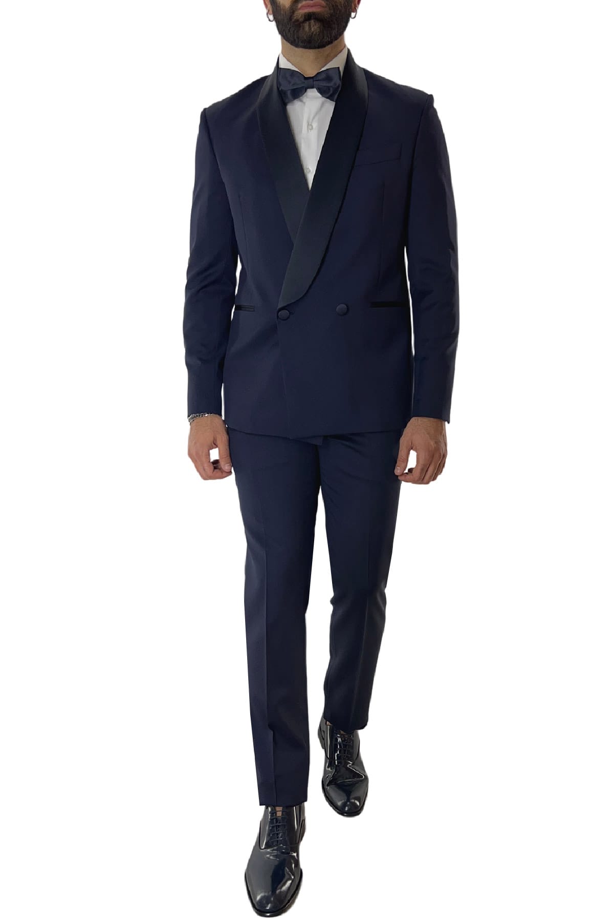 Abito smoking da uomo Doppiopetto blu nido d'ape rever a scialle blu in fresco lana 100% Vitale Barberis Canonico