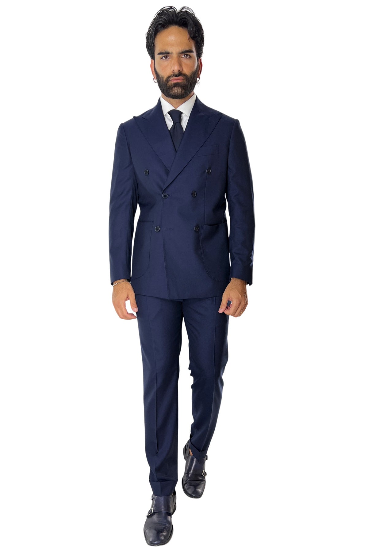 Abito uomo doppiopetto navy blu in fresco lana super 140's Rever a lancia tasche a toppe Holland & Sherry