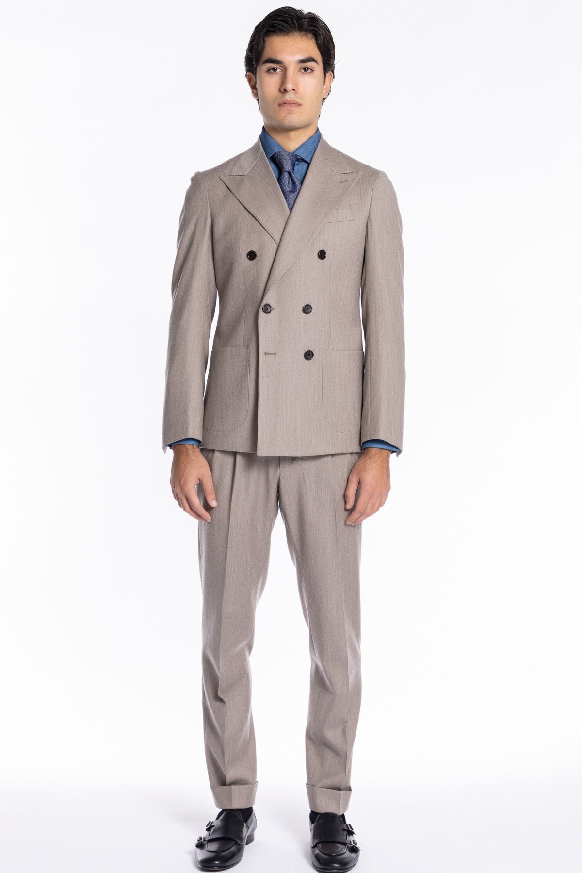 Abito uomo Doppiopetto Beige in lana e Cashmere Rever a lancia Bristol Tessuti Napoli