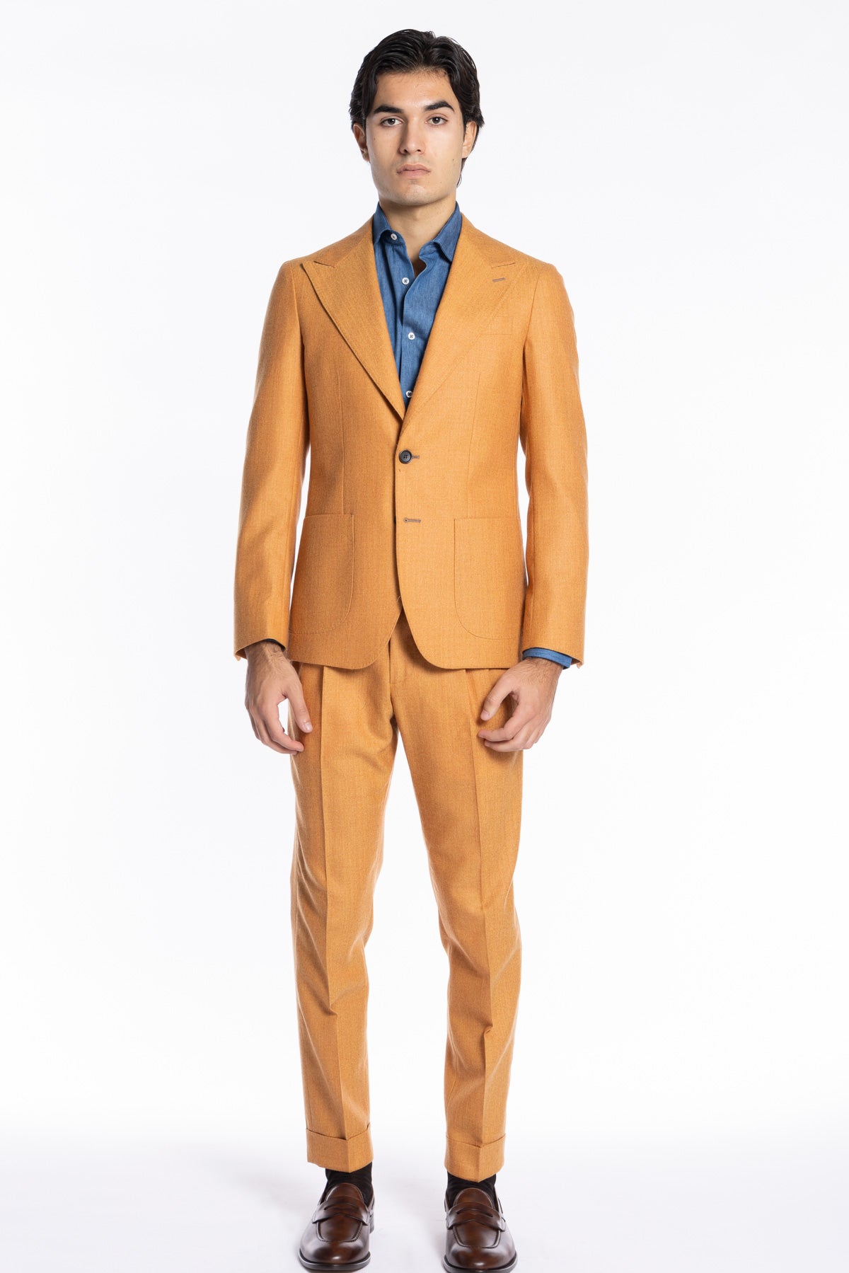 Abito uomo monopetto Arancio spigata in pura lana Rever a lancia e tasche a toppe Holland & Sherry