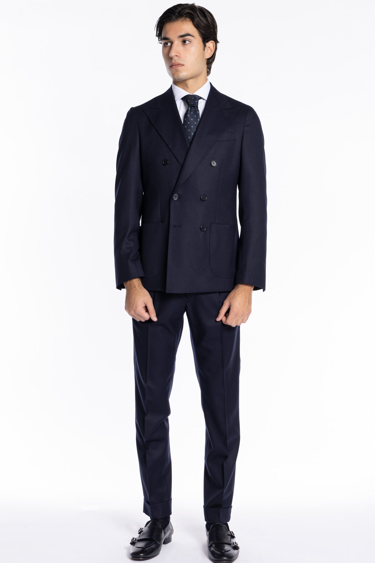 Abito uomo Doppiopetto navy blu in lana Flanella Vitale Barberis Canonico slim fit rever largo sartoriale