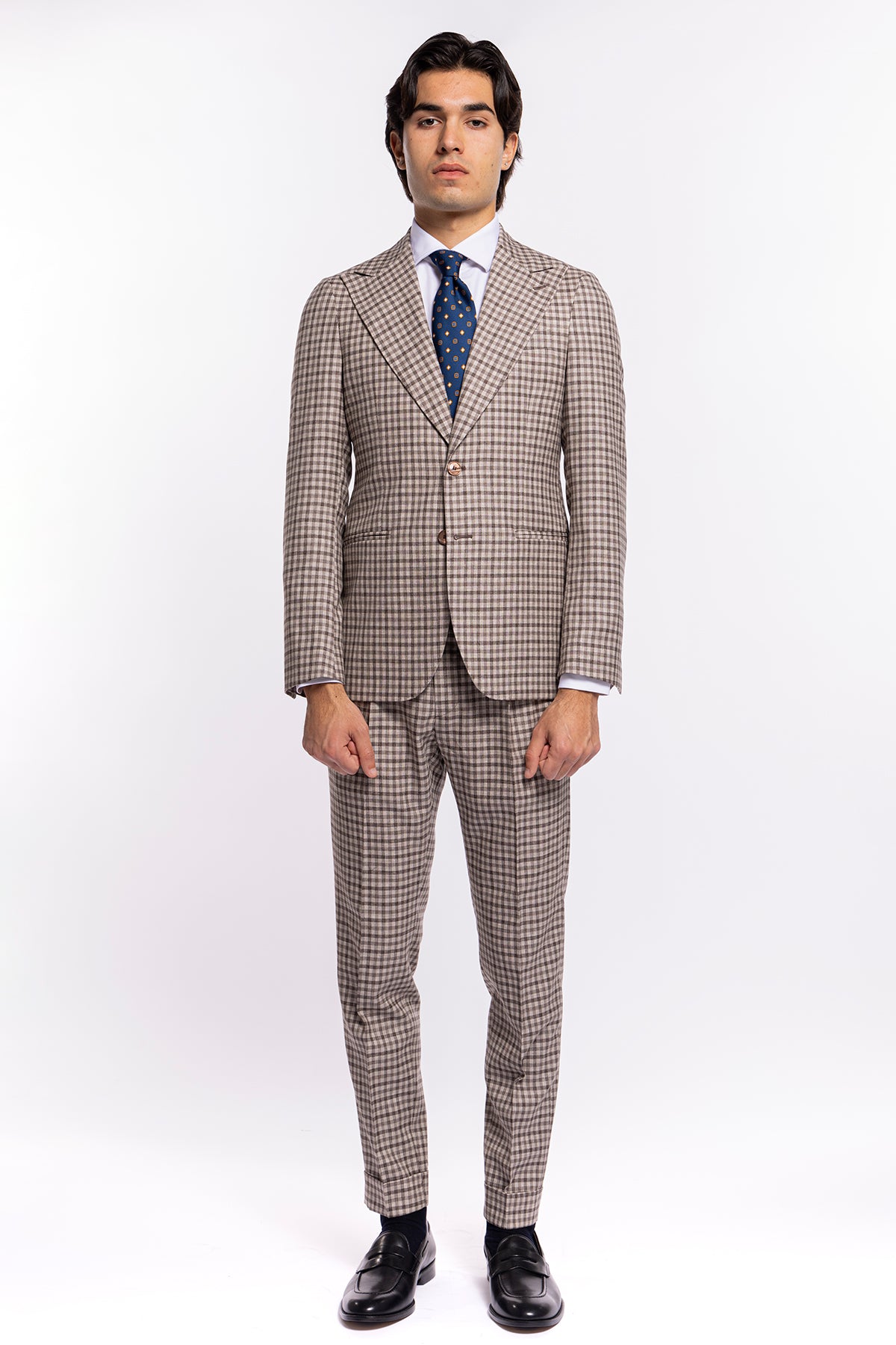 Abito uomo monopetto beige a quadri marroni fresco lana Vitale Barberis Canonico Rever largo a lancia