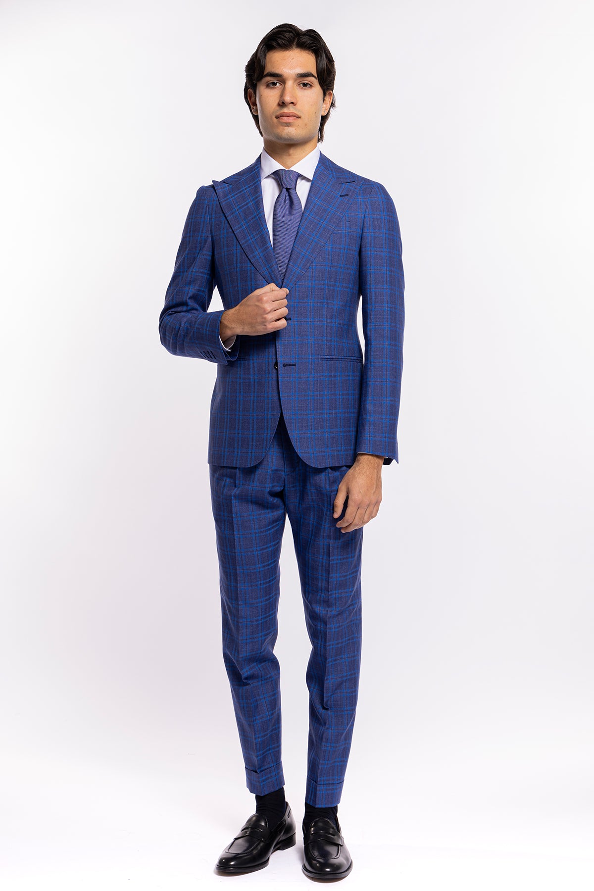 Abito uomo monopetto blu fantasia quadri royal blu fresco lana e seta Bristol Tessuti Rever largo a lancia