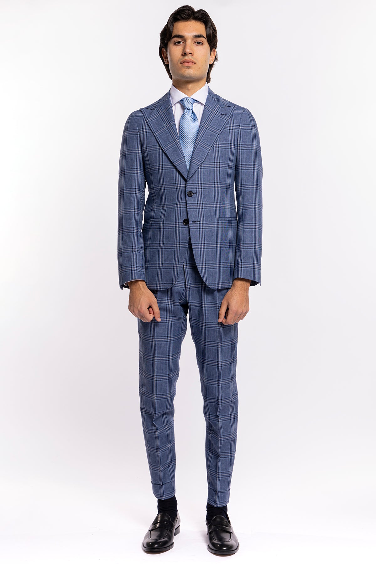 Abito uomo monopetto denim fantasia quadri blu fresco lana e seta Bristol Tessuti Rever largo a lancia