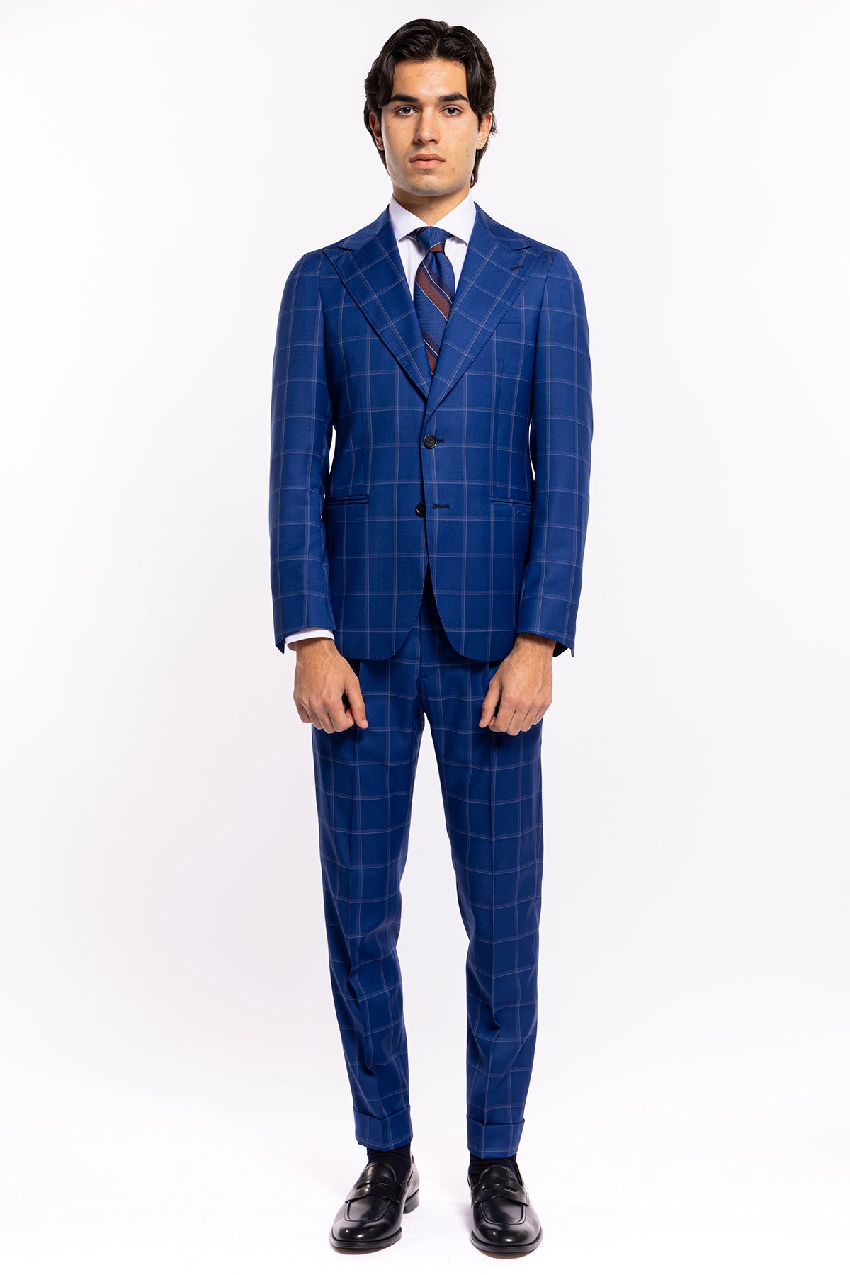 Abito uomo monopetto royal blu fantasia quadri bianchi fresco lana Bristol Tessuti Rever largo a lancia