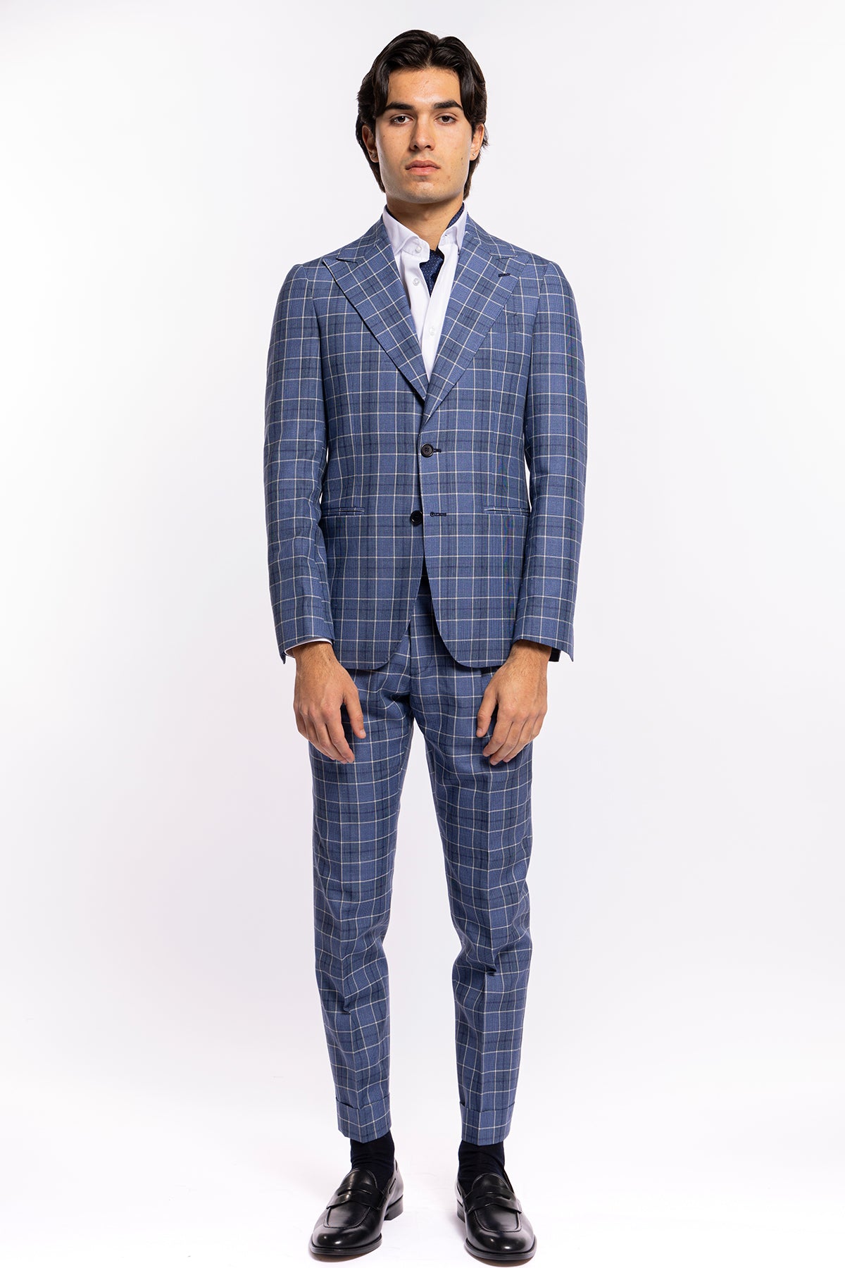 Abito uomo monopetto blu denim quadri bianchi fresco lana e lino Bristol Tessuti Rever largo a lancia