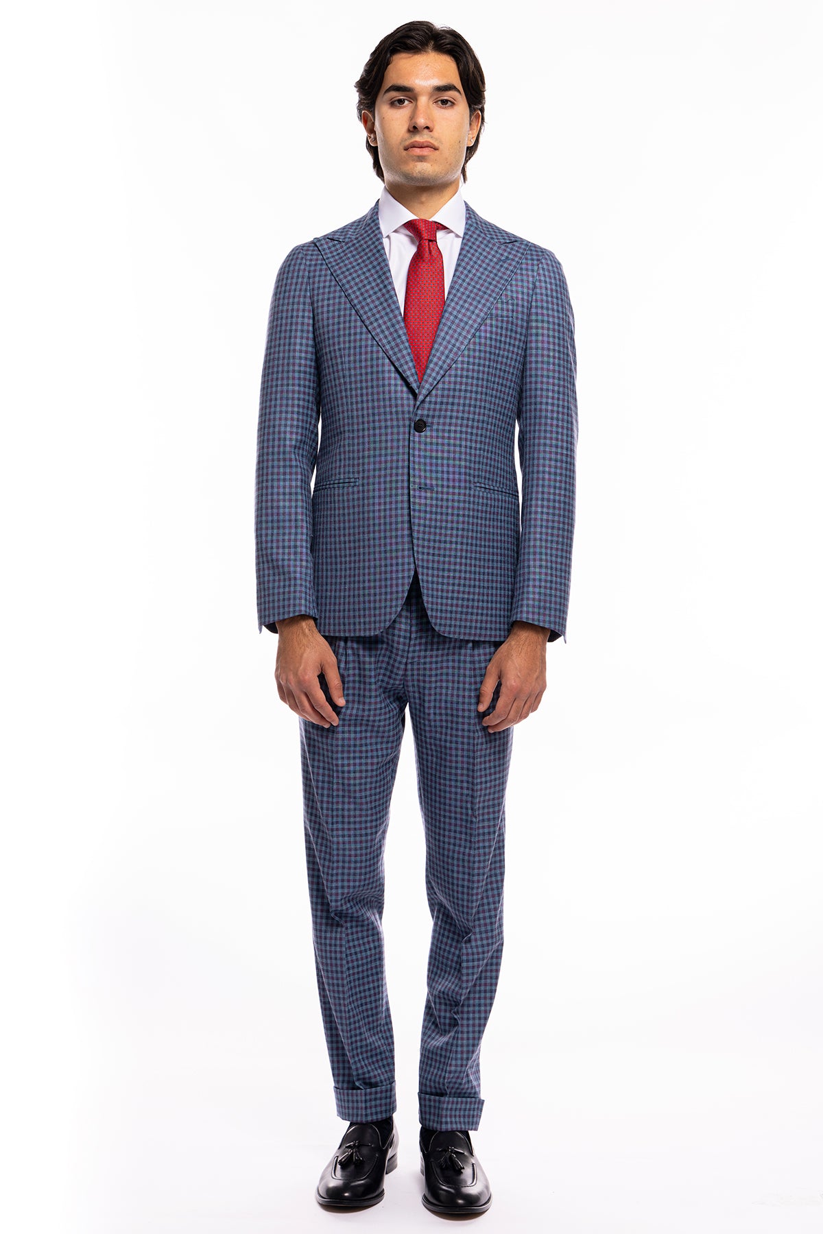 Abito uomo monopetto blu denim quadri bordeaux fresco lana seta lino Bristol Tessuti Rever largo a lancia