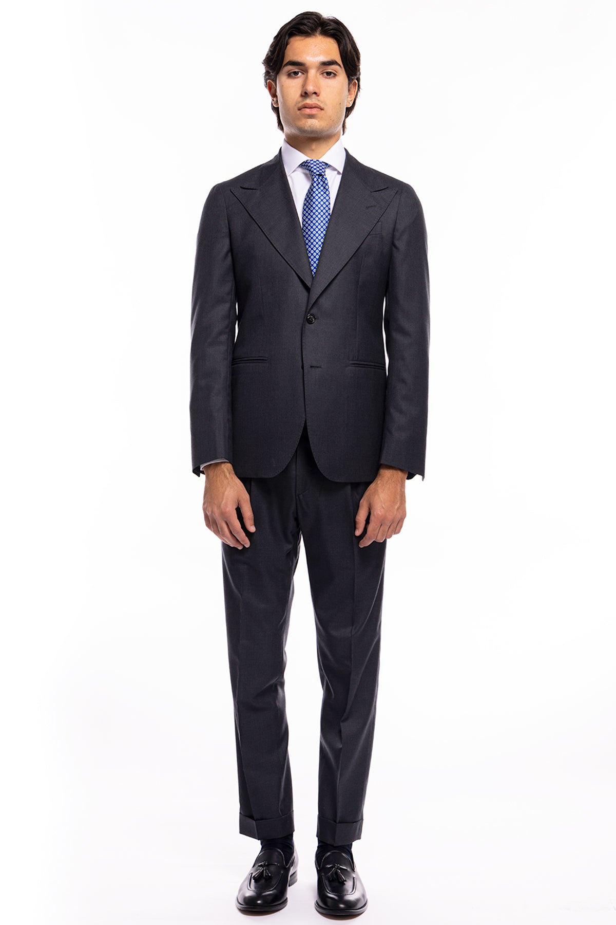 Abito uomo monopetto grigio scuro fresco lana super 140's Holland & Sherry Rever a lancia