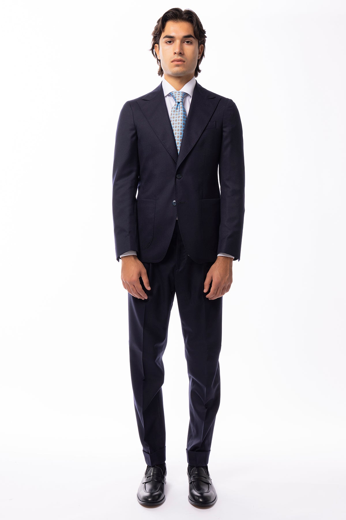 Abito uomo monopetto blu in lana Flanella Vitale Barberis Canonico slim fit rever a lancia largo Tasche a Toppe