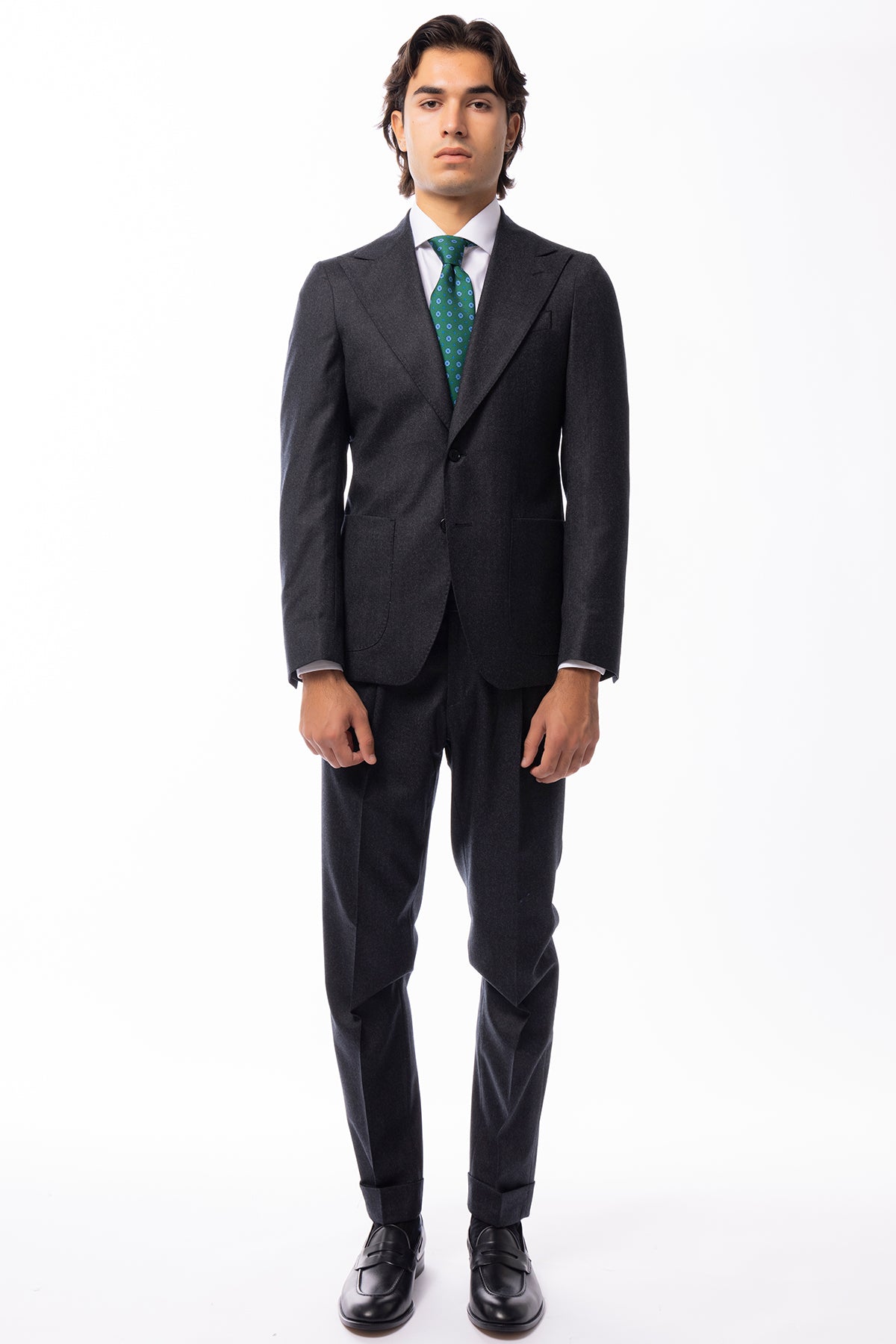 Abito uomo Monopetto Grigio scuro in lana Flanella Vitale Barberis Canonico slim fit rever largo sartoriale
