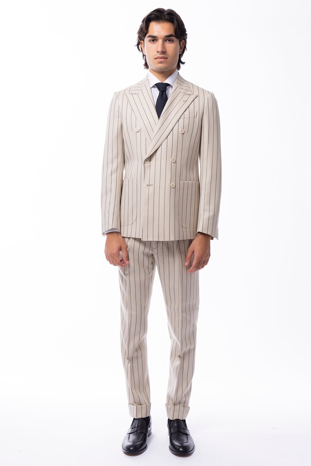 Abito uomo Doppiopetto beige gessata nera in in lana flanella Holland & Sherry slim fit rever largo