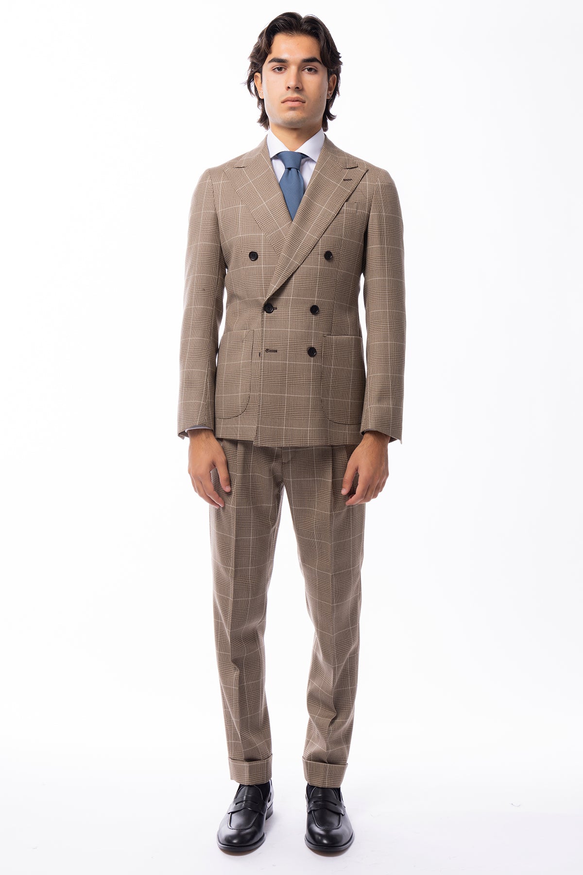Abito uomo doppiopetto beige fantasia principe di galles in pura lana Holland &amp; Sherry Rever a lancia e tasche a toppe