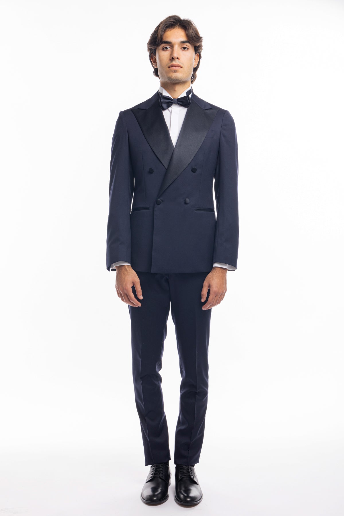 Abito smoking doppiopetto blu notte da uomo in fresco lana super 130's Vitale Barberis Canonico con rever a Lancia largo in raso