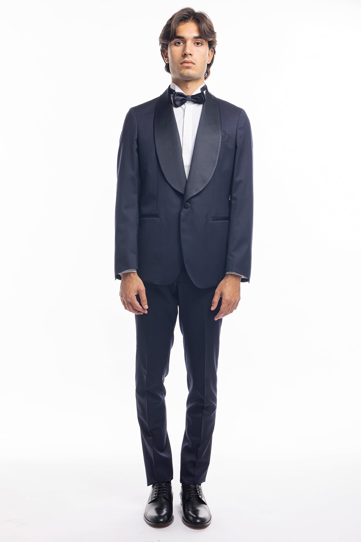 Abito smoking monopetto blu notte da uomo in fresco lana super 130's Vitale Barberis Canonico con rever a scialle largo in raso