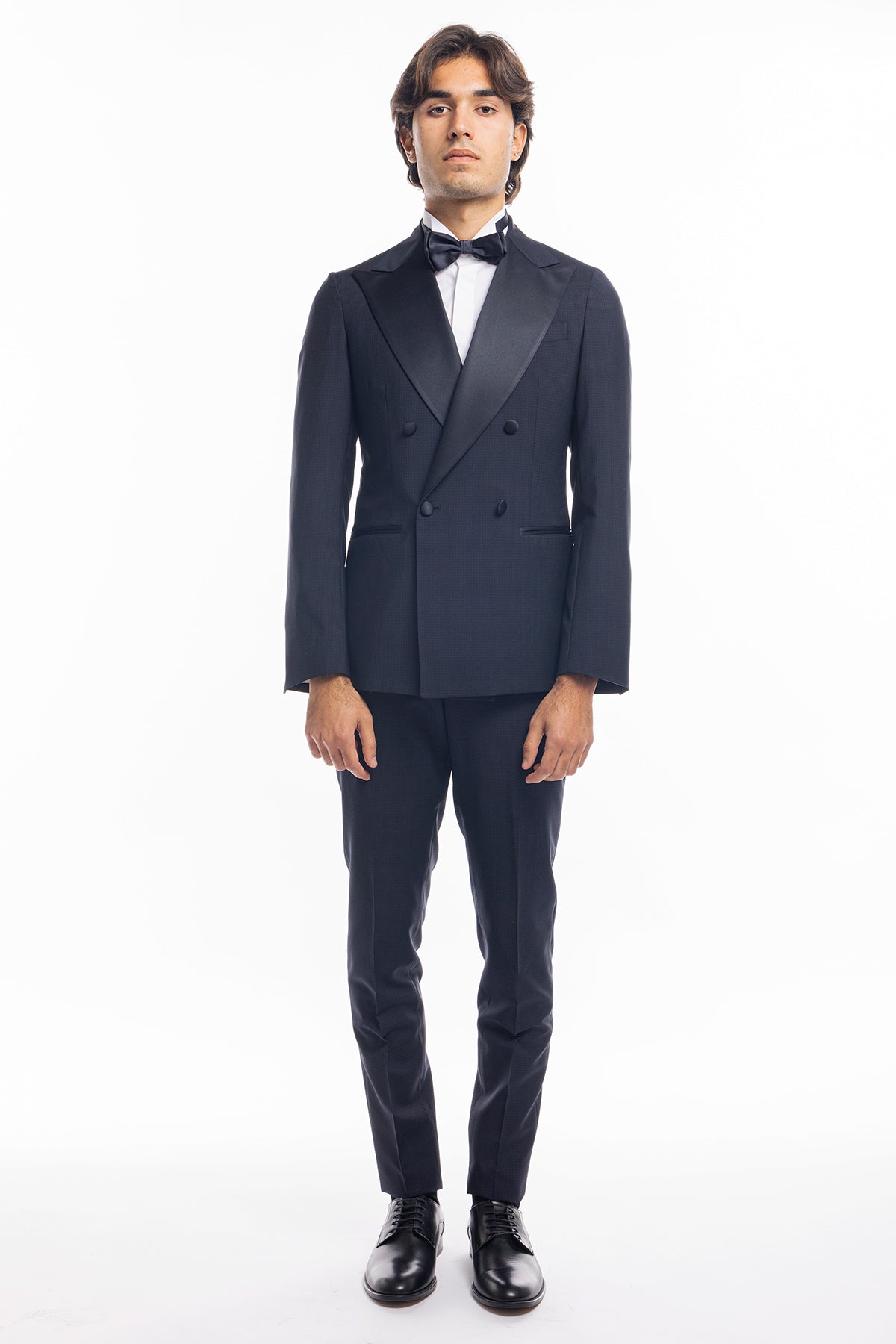 Abito smoking doppiopetto blu fantasia da uomo in fresco lana super 130's Vitale Barberis Canonico con rever a Lancia largo in raso