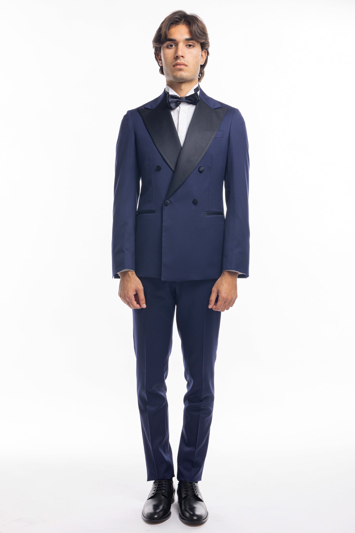 Men's royal blue double-breasted tuxedo suit in Super 130's Vitale Barberis Canonico fresh wool with wide satin peak lapels