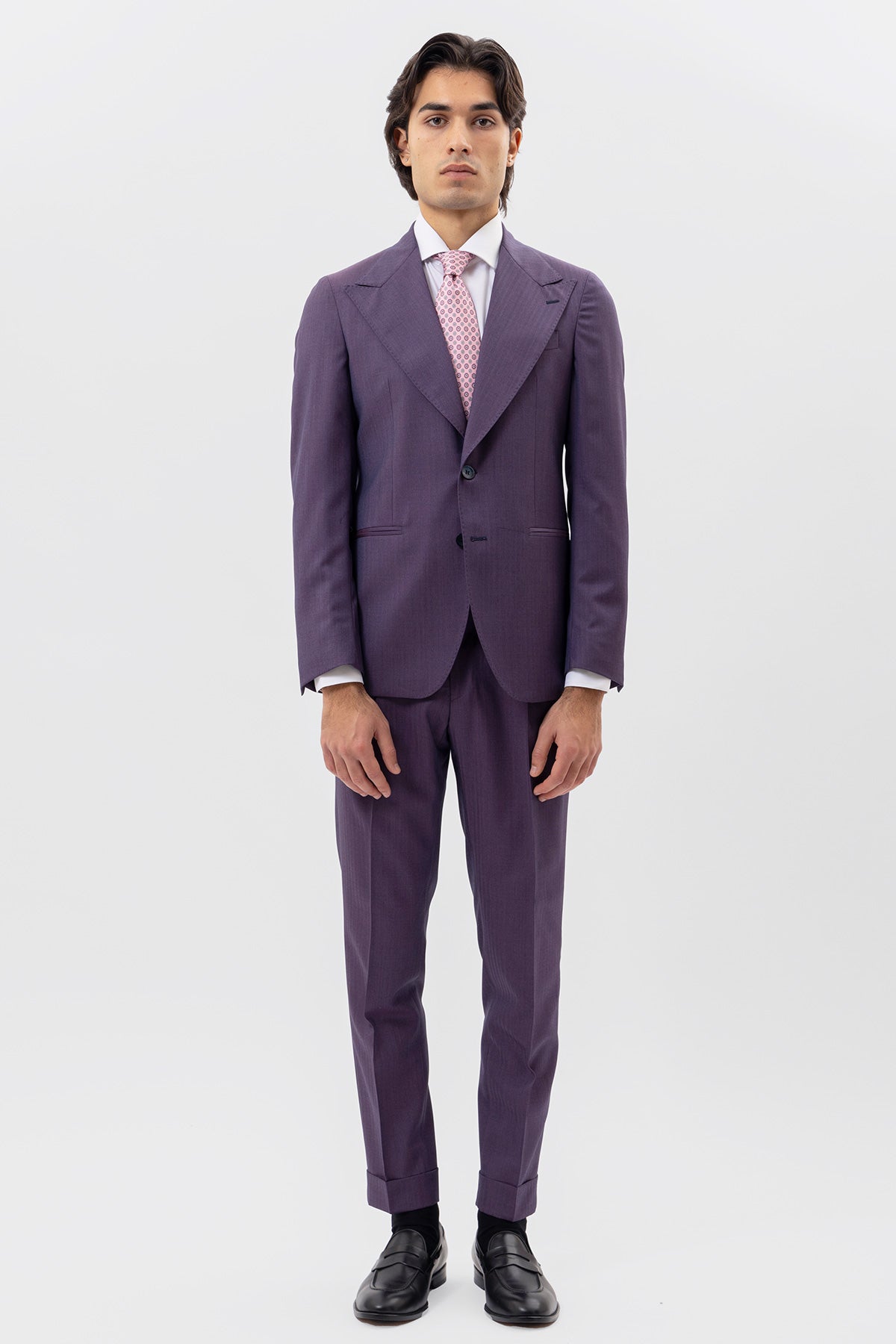 Abito viola solaro monopetto uomo in fresco lana Vitale Barberis Canonico con rever a lancia tasche a filo .