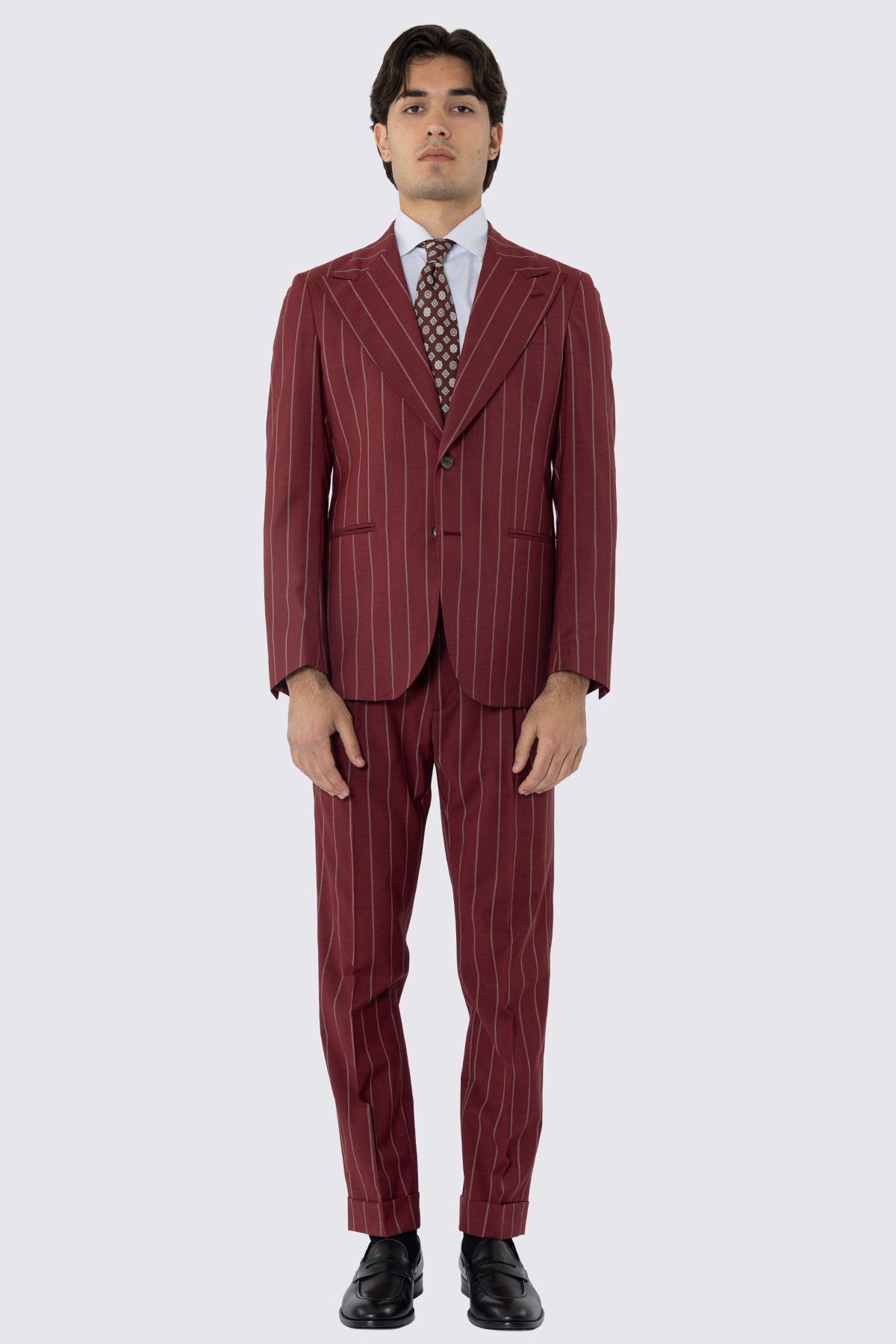 Abito monopetto bordeaux gessato beige da uomo in fresco lana super 130's fordam tessuti napoli rever a lancia