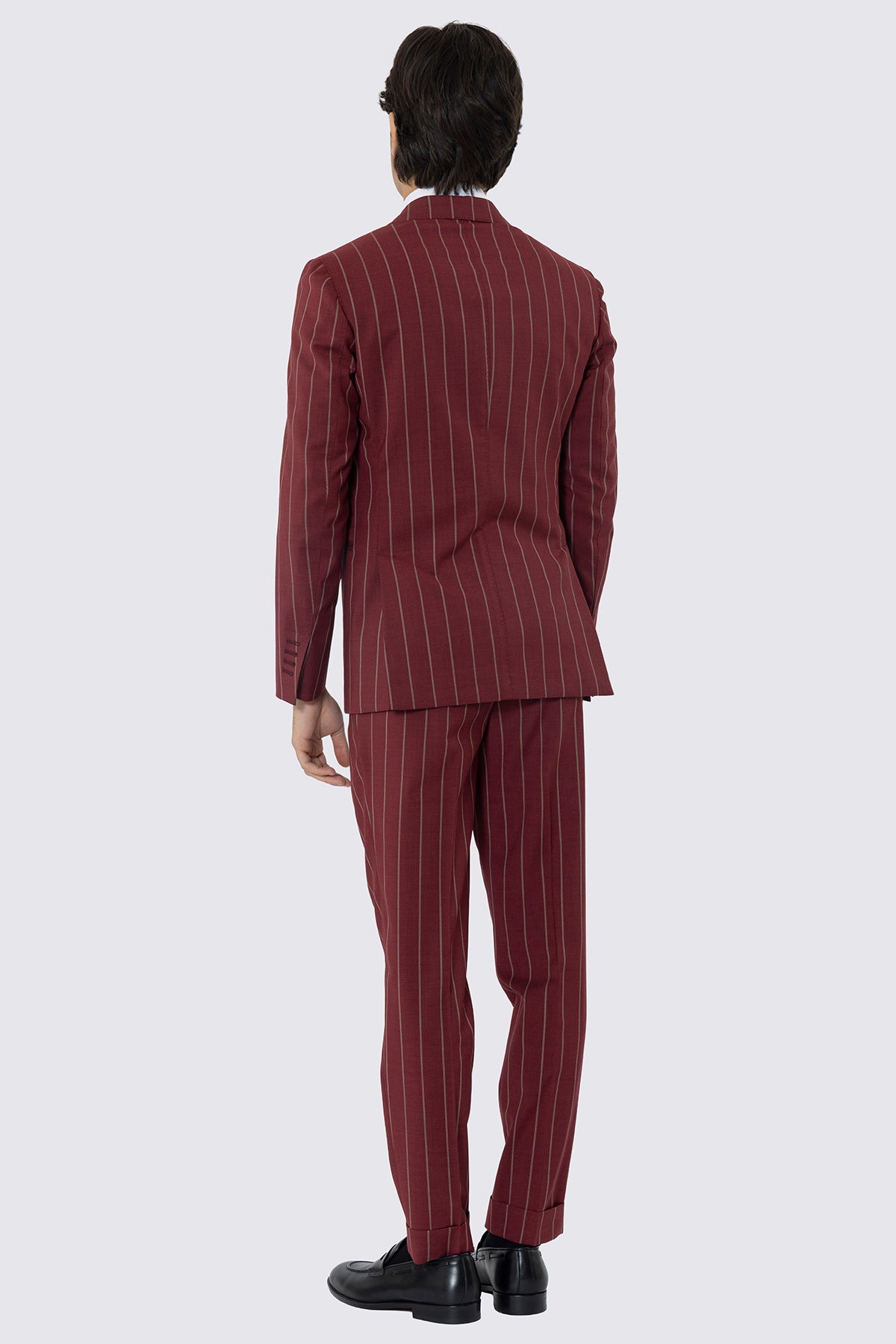 Abito monopetto bordeaux gessato beige da uomo in fresco lana super 130's fordam tessuti napoli rever a lancia