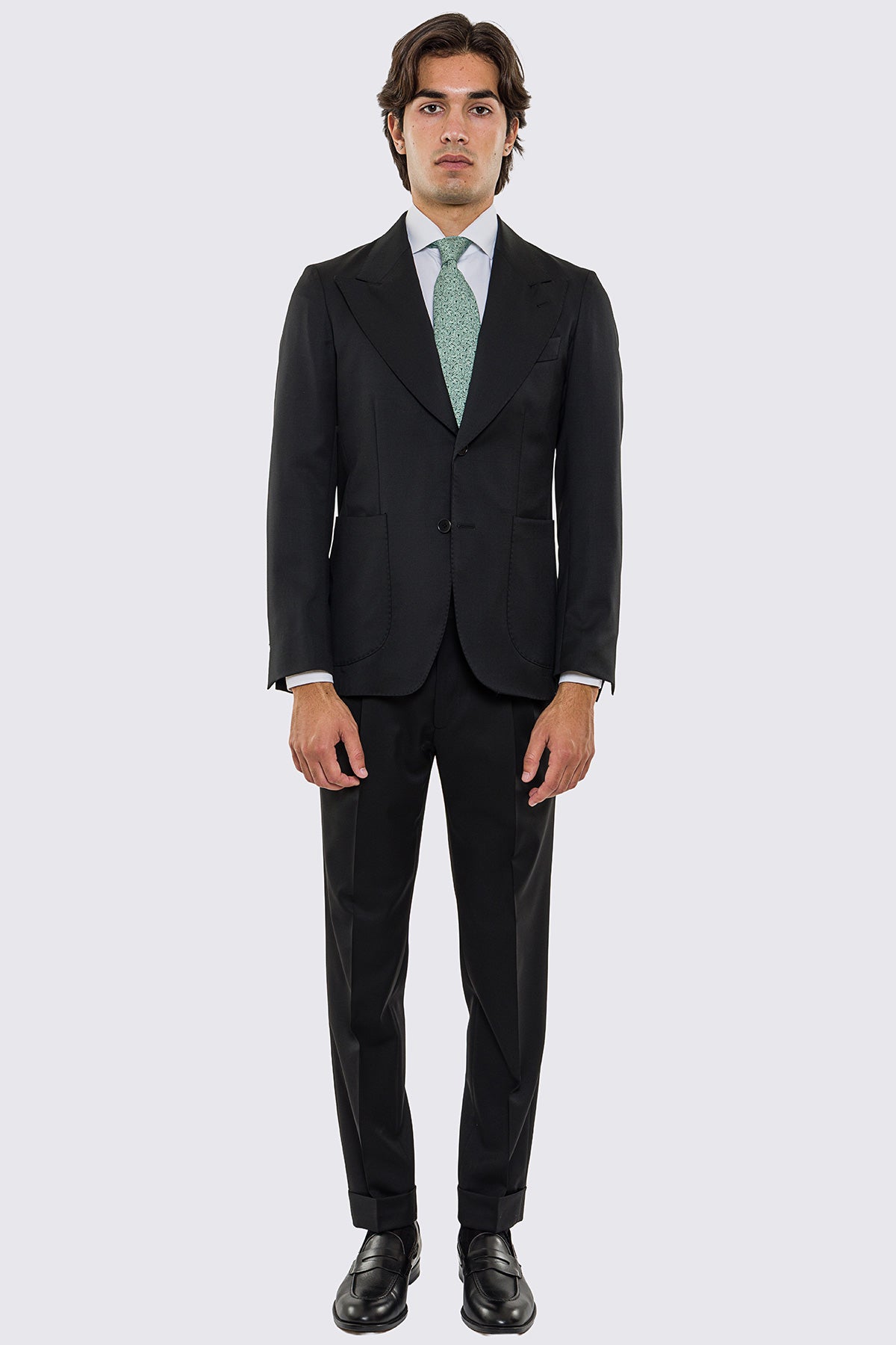 Abito uomo Monopetto nera fresco lana super 130's Vitale Barberis Canonico sfoderata Rever a lancia tasche a toppe