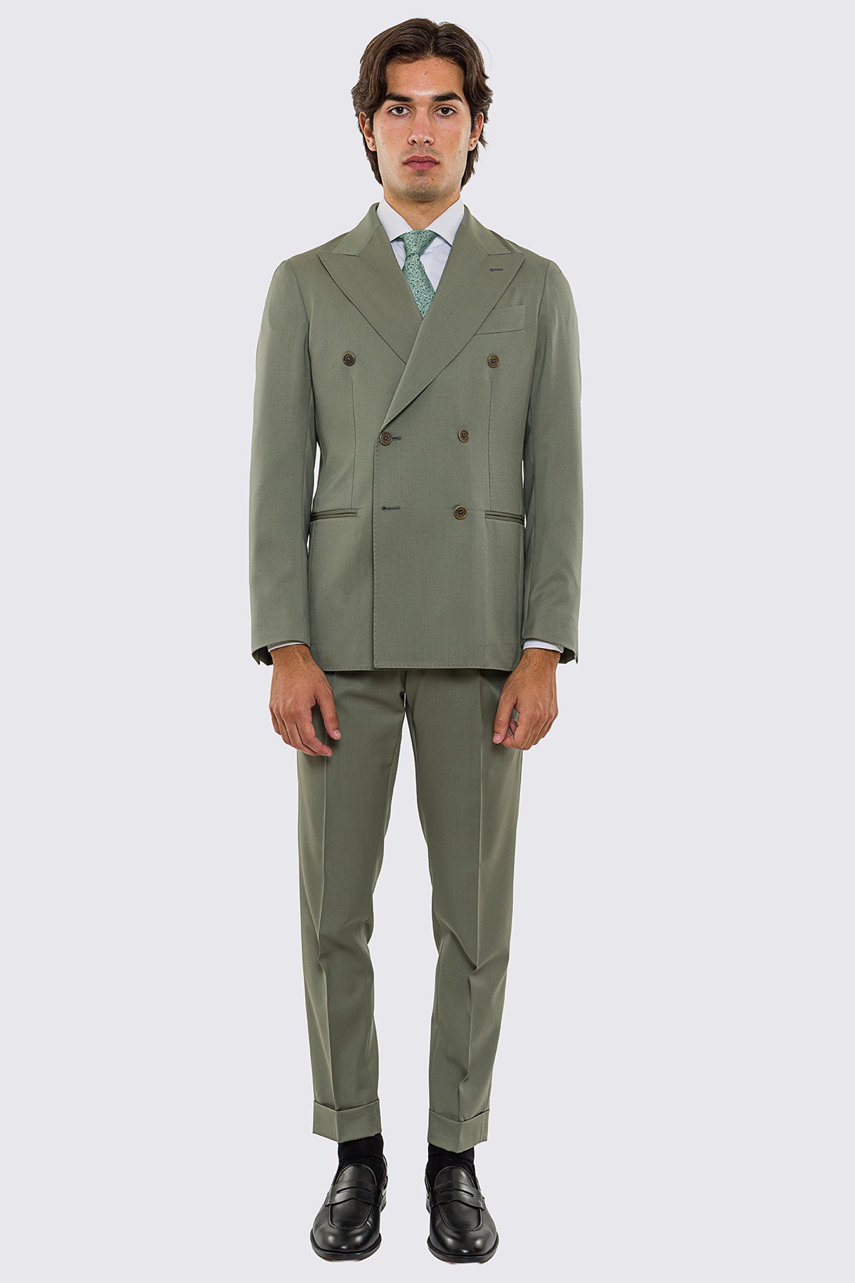 Abito uomo doppiopetto verde salvia fresco lana super 130's Vitale Barberis Canonico sfoderata Rever a lancia tasche a filo
