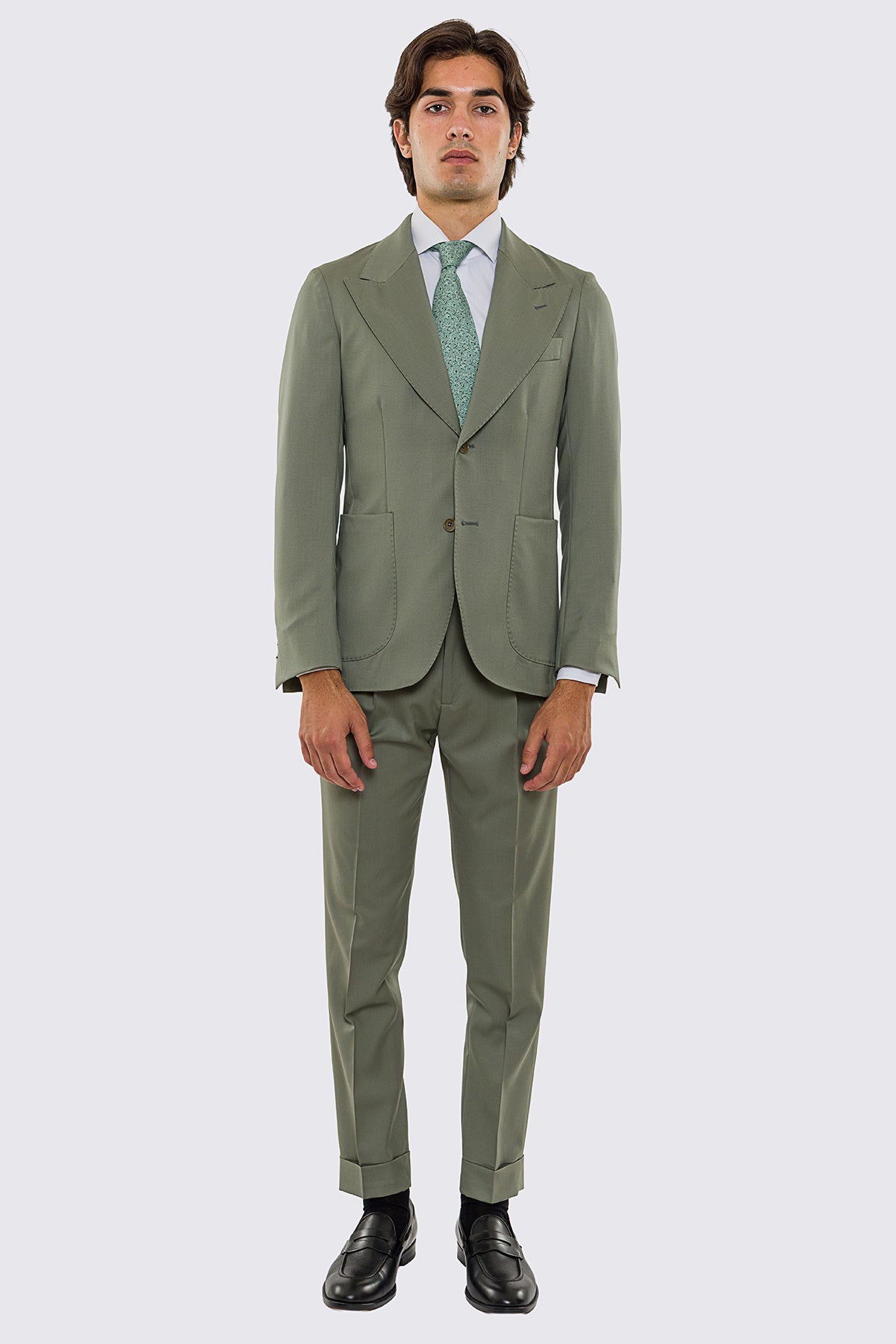 Abito uomo Monopetto salvia fresco lana super 130's Vitale Barberis Canonico sfoderata Rever a lancia tasche a toppe