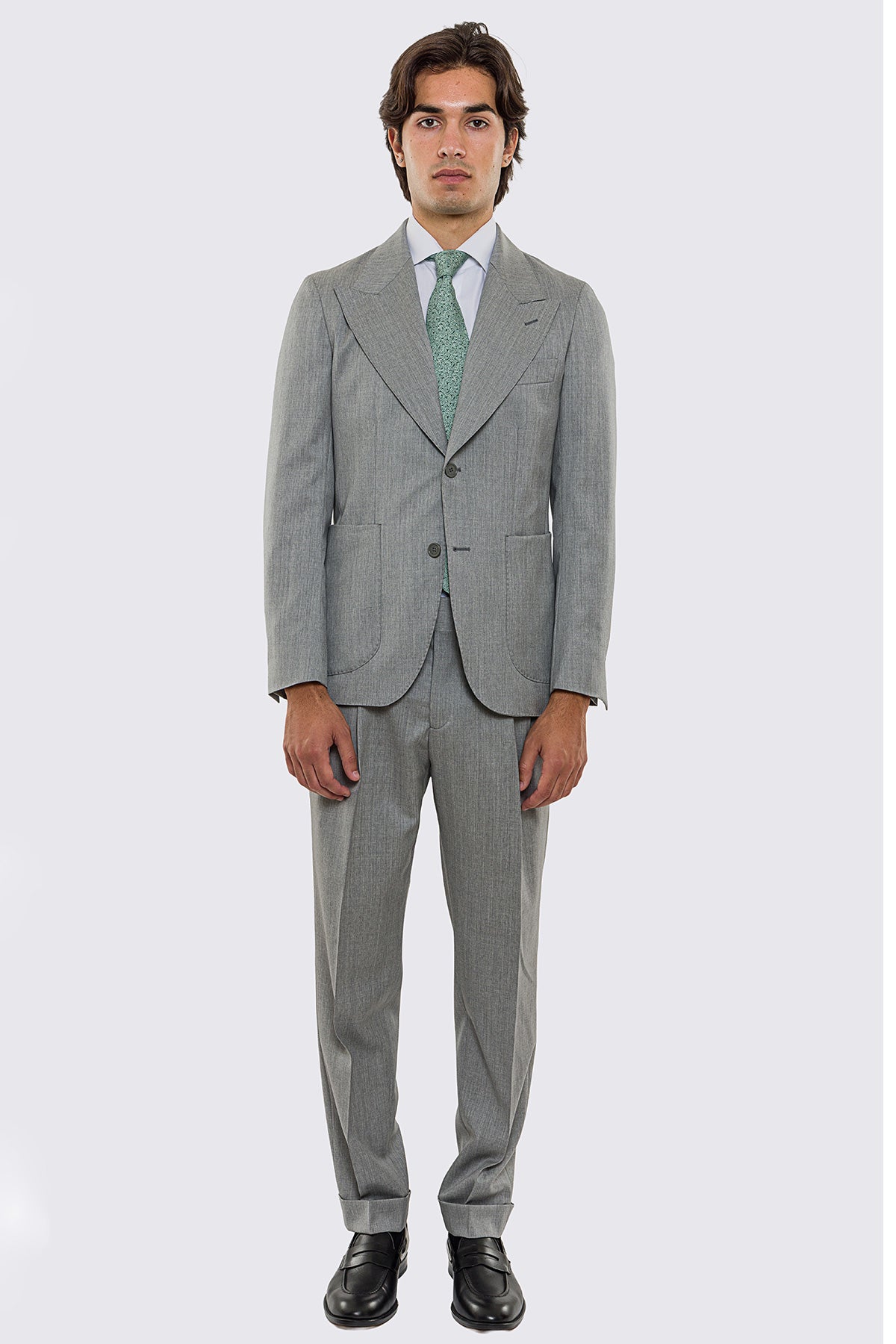 Abito uomo Monopetto grigio chiaro in fresco lana super 130's Vitale Barberis Canonico sfoderata Rever a lancia tasche a toppe