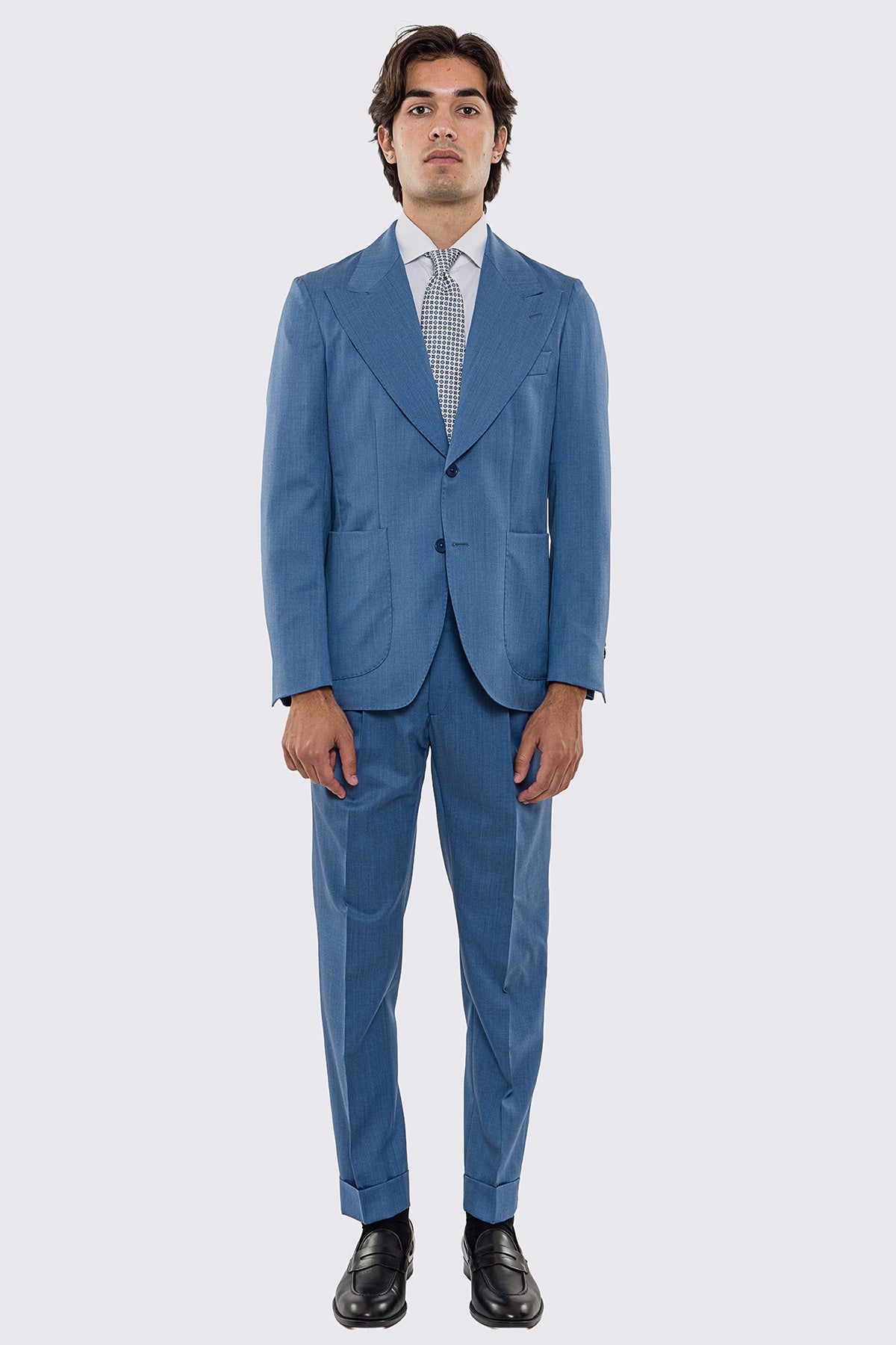 Abito uomo Monopetto Denim fresco lana super 130's Vitale Barberis Canonico sfoderata Rever a lancia tasche a toppe