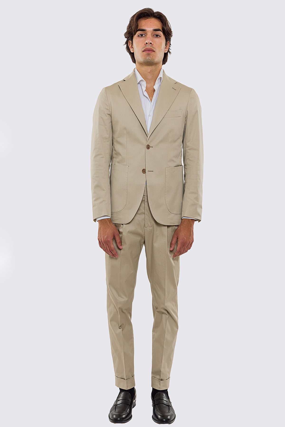 Abito uomo Monopetto beige in cotone leggermente elastico sfoderata Rever classico 11 cm tasche a toppe
