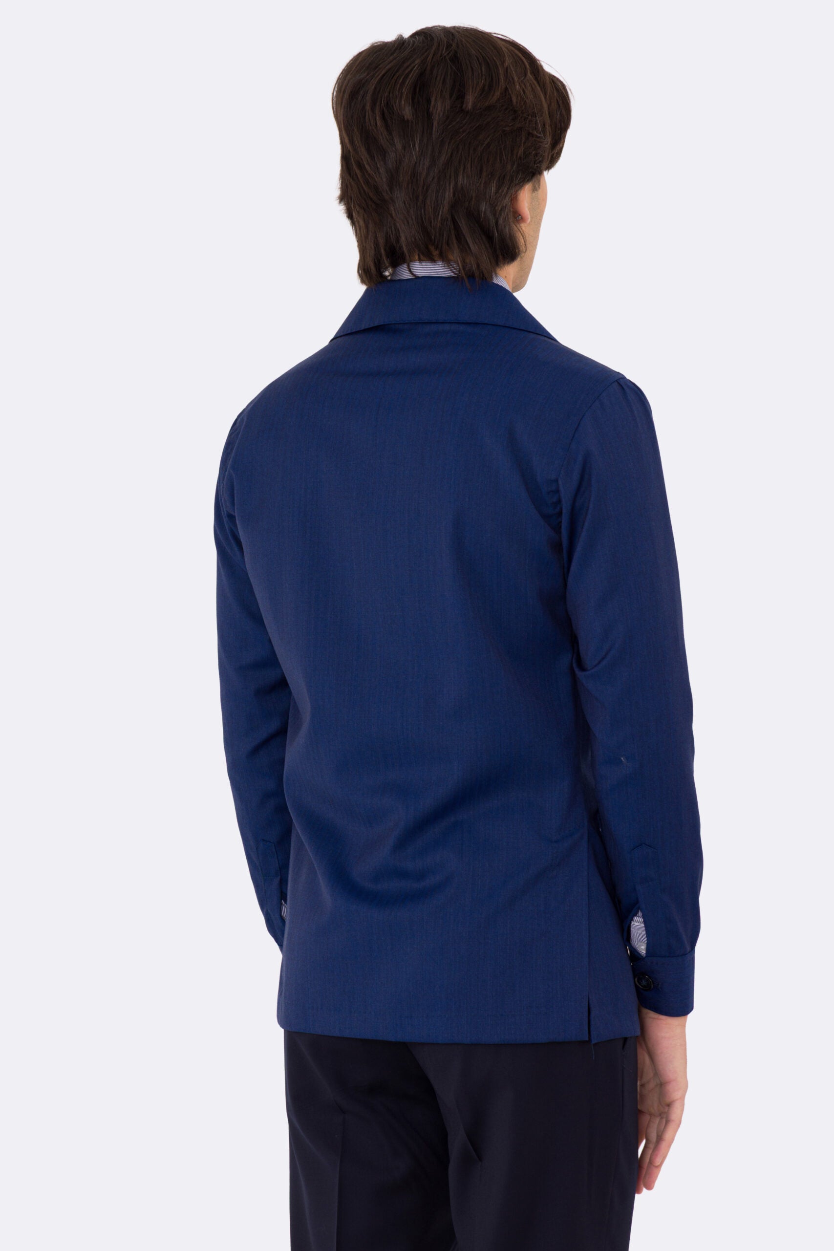 Sahariana solaro Blu Royal fresco lana Sartoria Carillo tessuti super 110's con tasche a toppa con pattina e soffietto e polso camicia