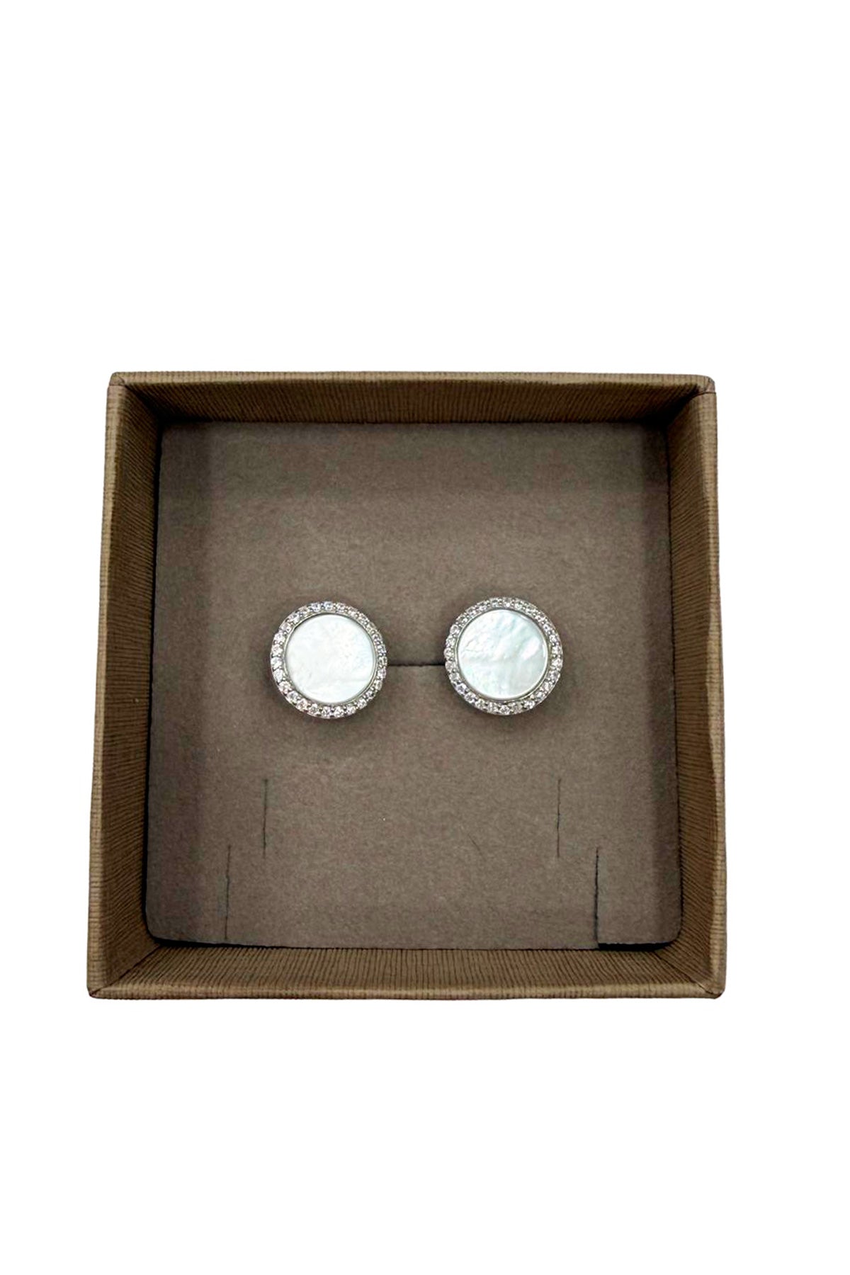 Gemelli da camicia in argento 925 lucido e madreperla forma tonda con zirconi incassati a mano
