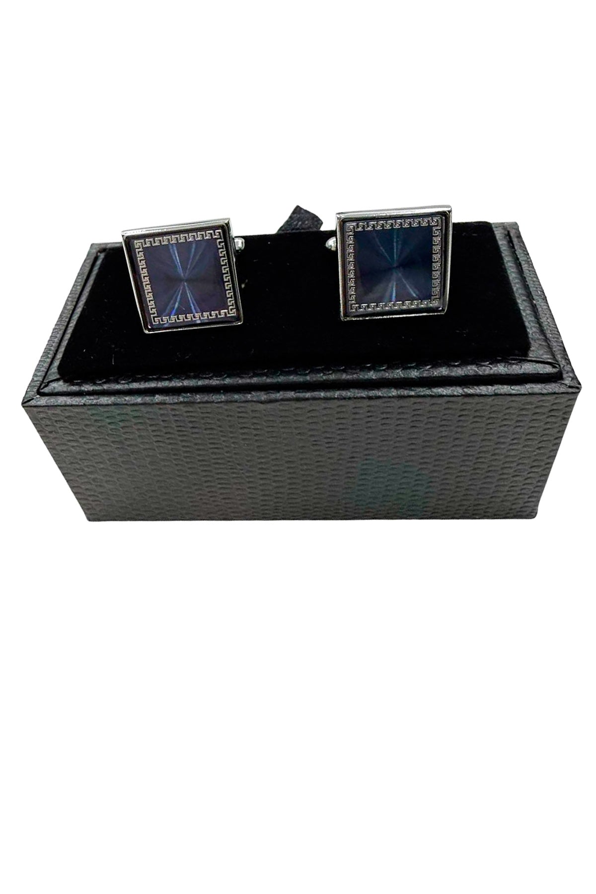 Gemelli da camicia blu quadrati con profilo zirconi e base in acciaio silver