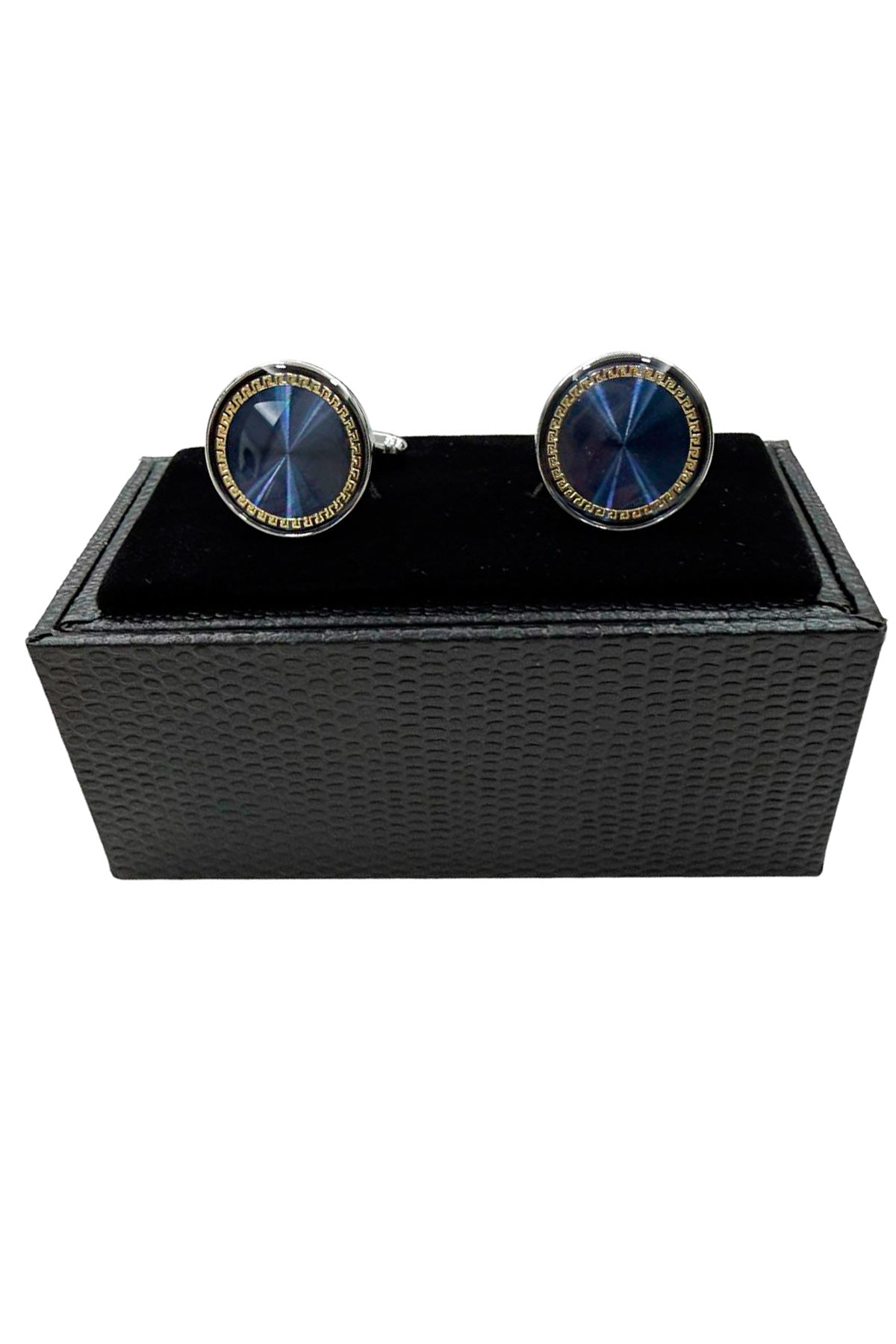Gemelli da camicia blu tondi con profilo zirconi dorati e base in acciaio silver