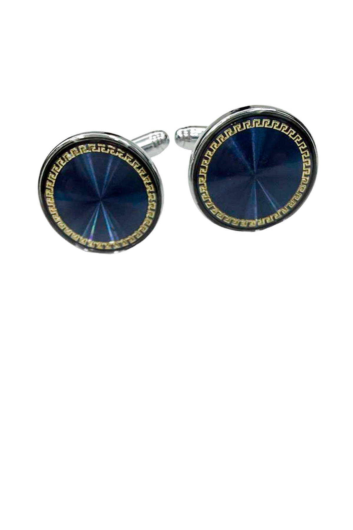 Gemelli da camicia blu tondi con profilo zirconi dorati e base in acciaio silver