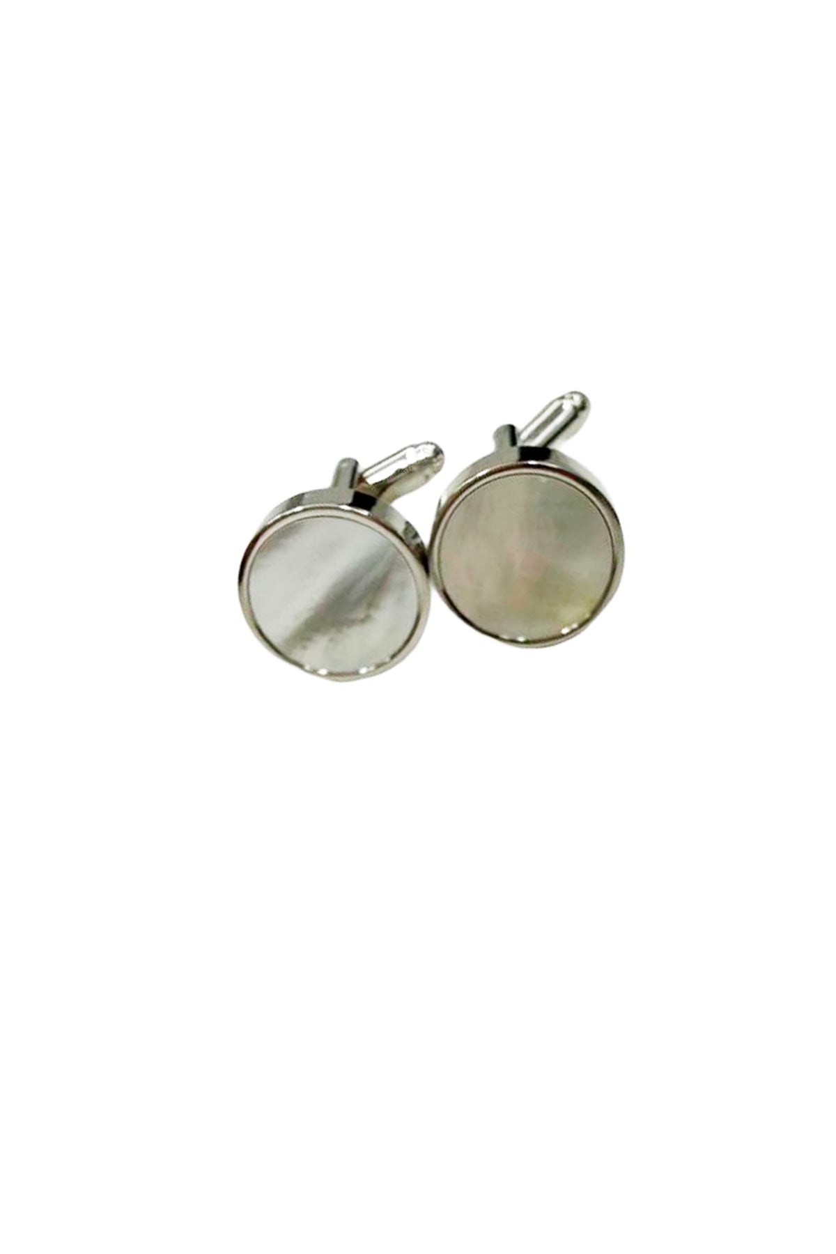 Gemelli da camicia in madreperla tondi e base in acciaio silver .